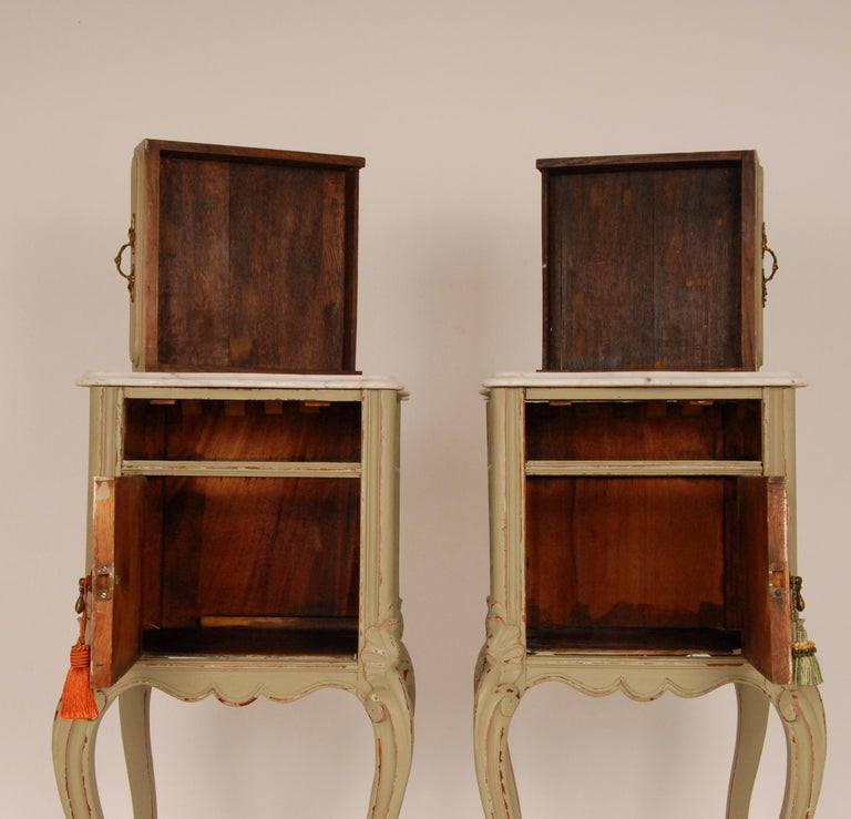 French Country Rococo Distressed Green and White Marble Top Nightstands, a Pair For Sale at 1stDibs