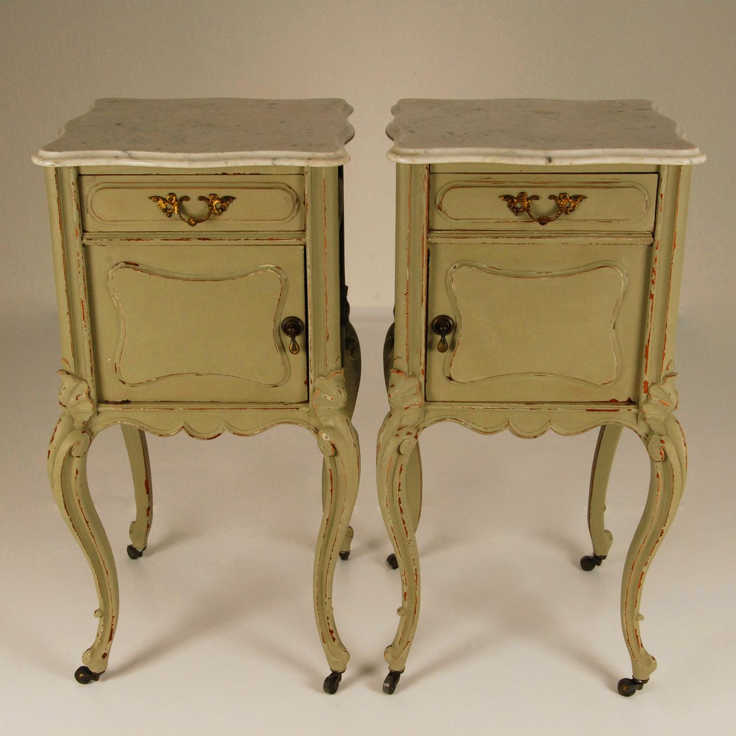 Hand-Carved French Country Rococo Distressed Green and White Marble Top Nightstands, a Pair