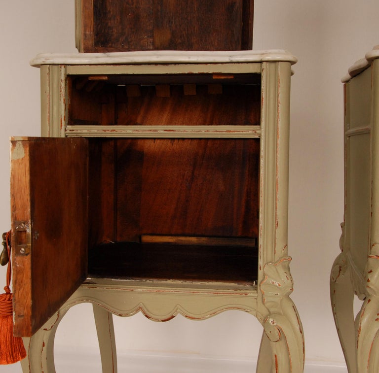 French Country Rococo Distressed Green and White Marble Top Nightstands