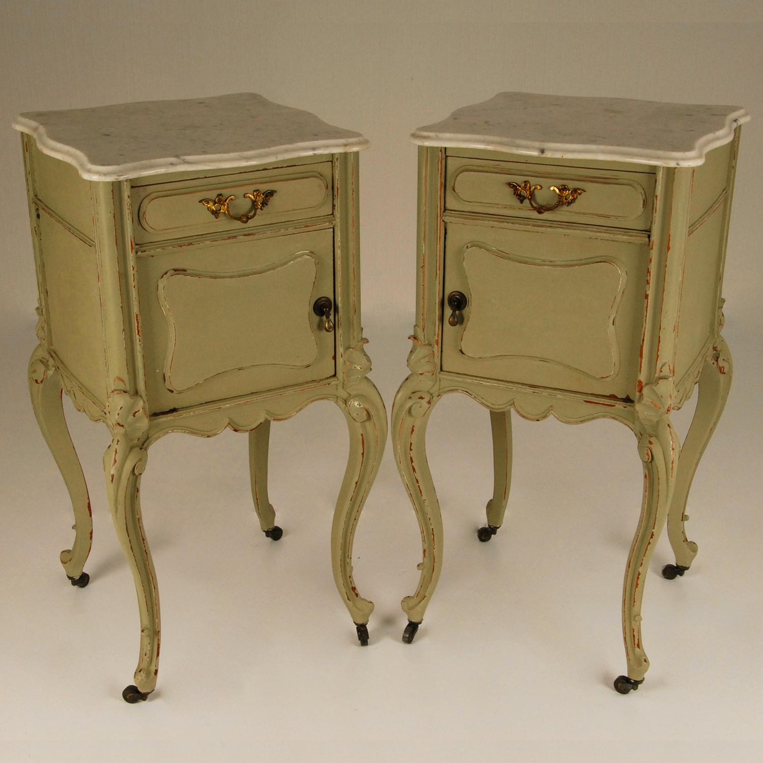 Carrara Marble French Country Rococo Distressed Green and White Marble Top Nightstands, a Pair