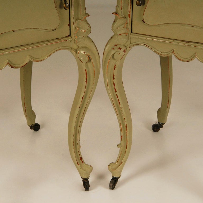 French Country Rococo Distressed Green and White Marble Top Nightstands, a Pair For Sale at 1stDibs