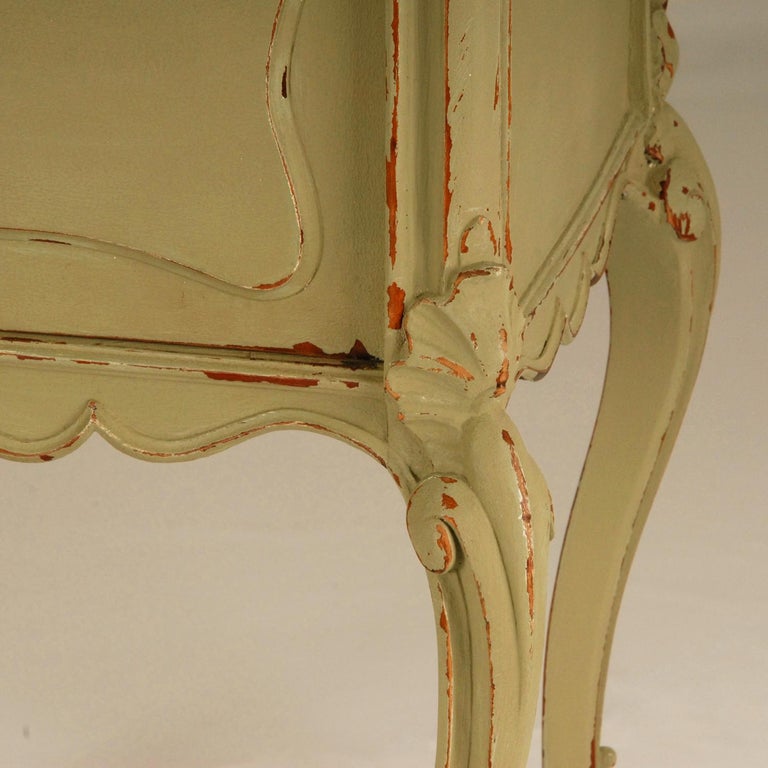 French Country Rococo Distressed Green and White Marble Top Nightstands, a Pair For Sale at 1stDibs