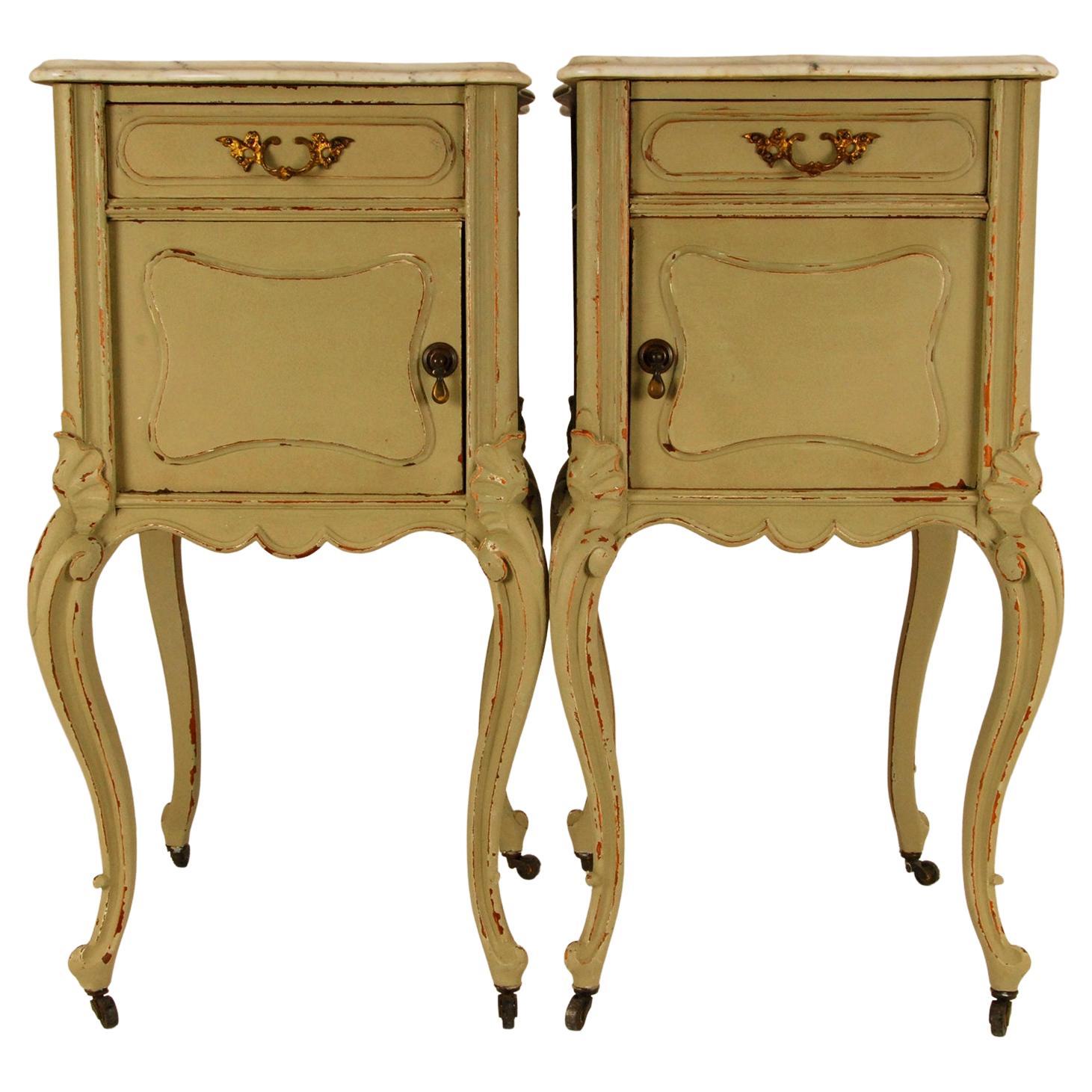 French Country Rococo Distressed Green and White Marble Top Nightstands, a Pair