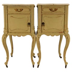 Antique French Country Rococo Distressed Green and White Marble Top Nightstands, a Pair