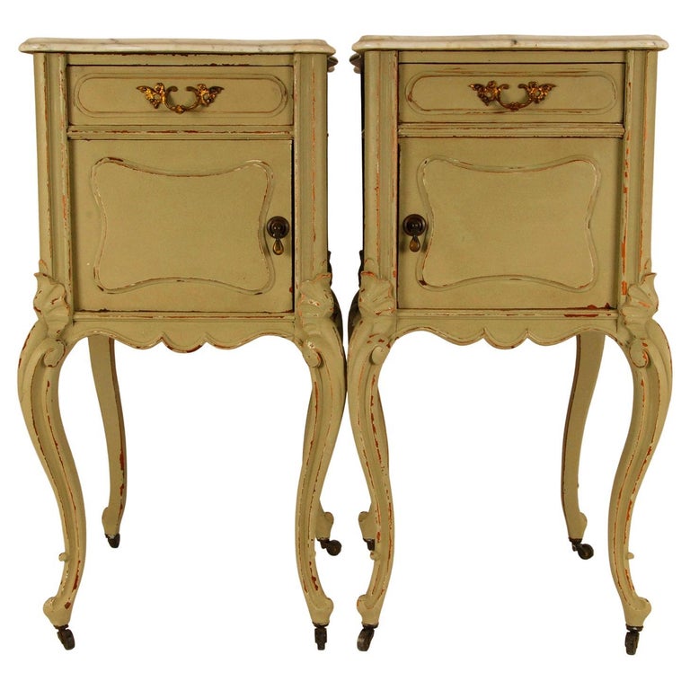 French Country Rococo Distressed Green and White Marble Top Nightstands, a Pair For Sale at 1stDibs