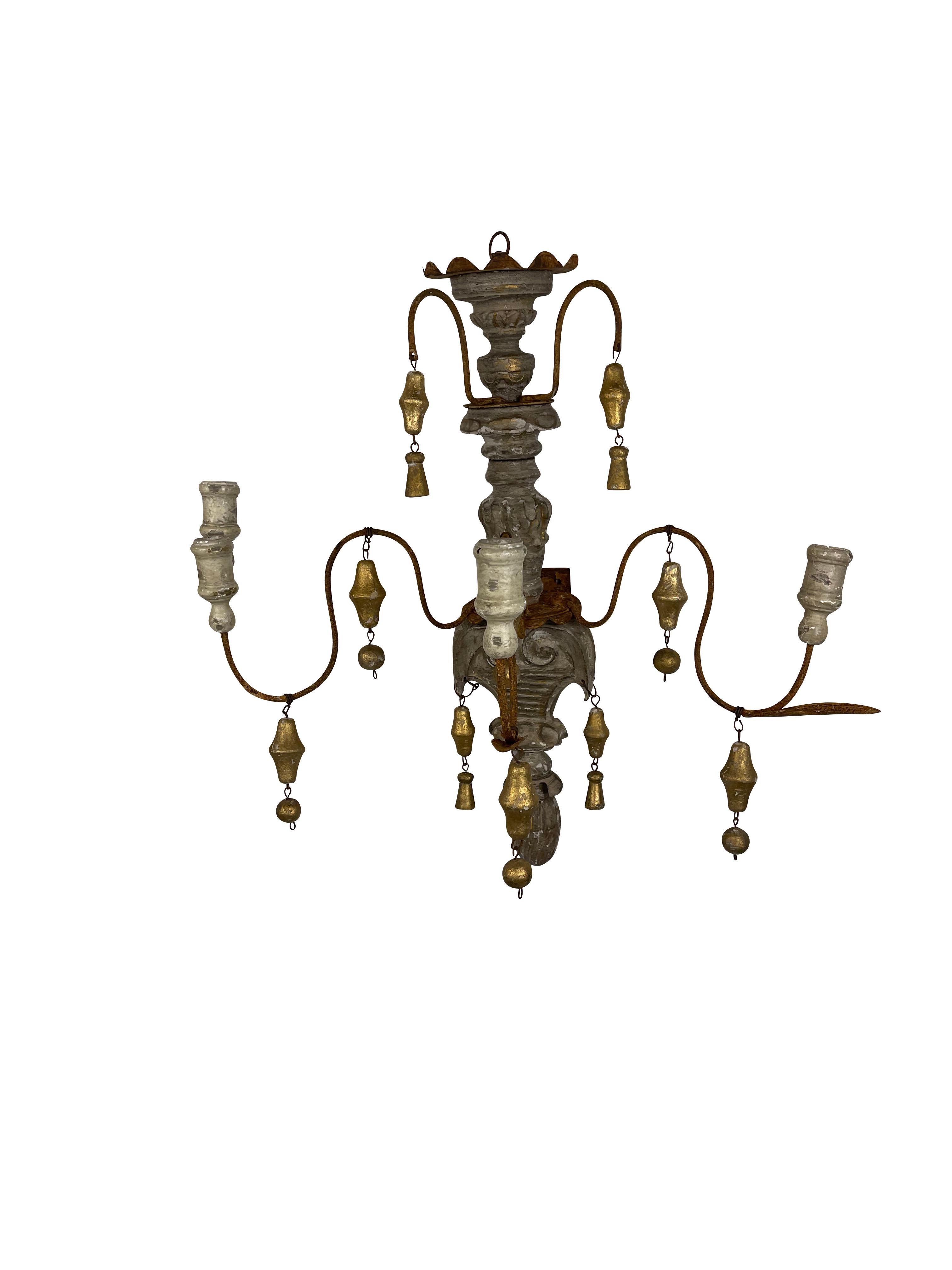 French Provincial French Country Rustic Grey and Gilt Wood Wall Sconces