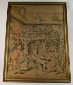 French Country Scene Framed Tapestry, Wool, 1950s, 34x26 Inches