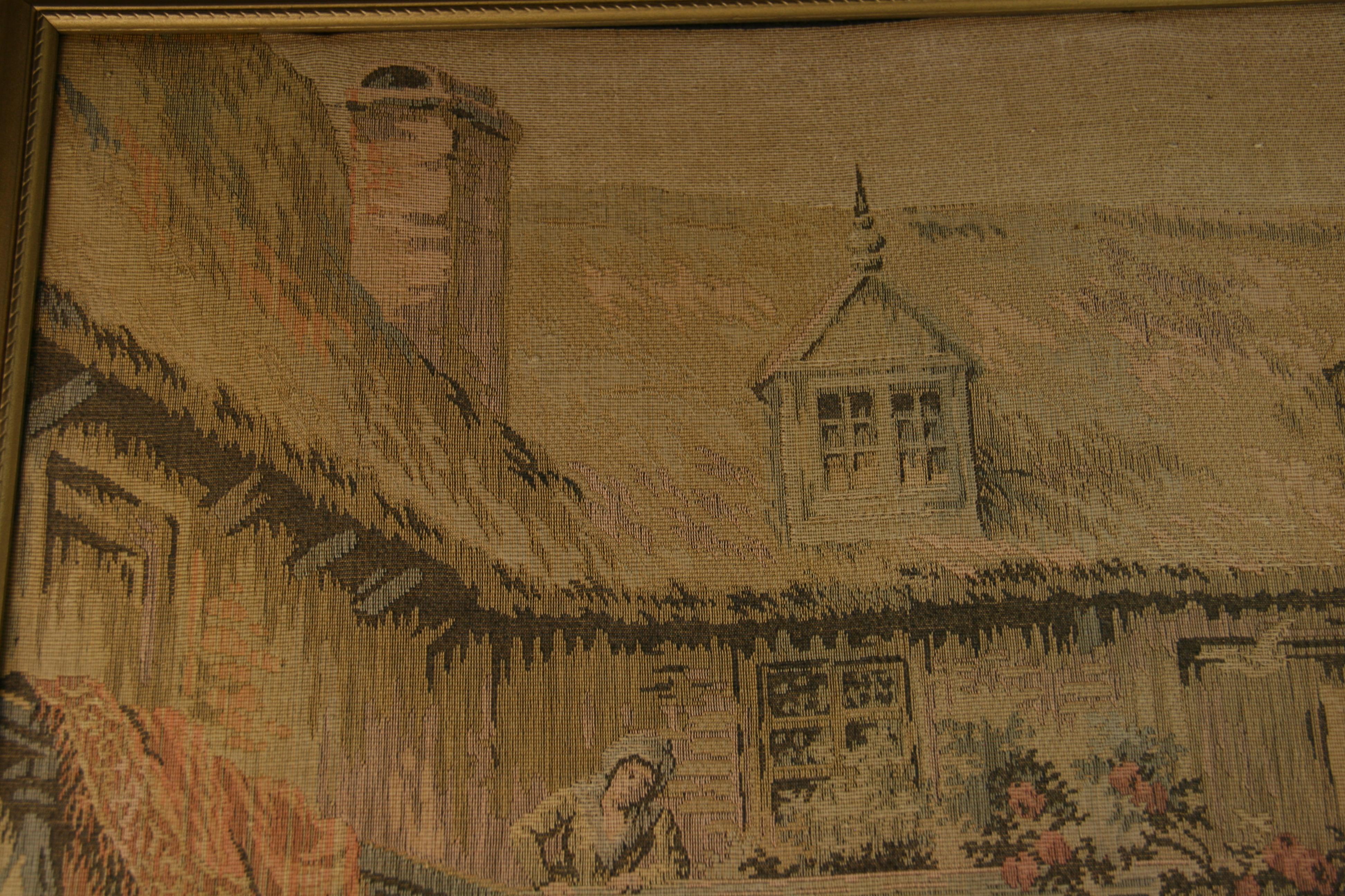 French Country Scene Framed Tapestry In Good Condition For Sale In Douglas Manor, NY