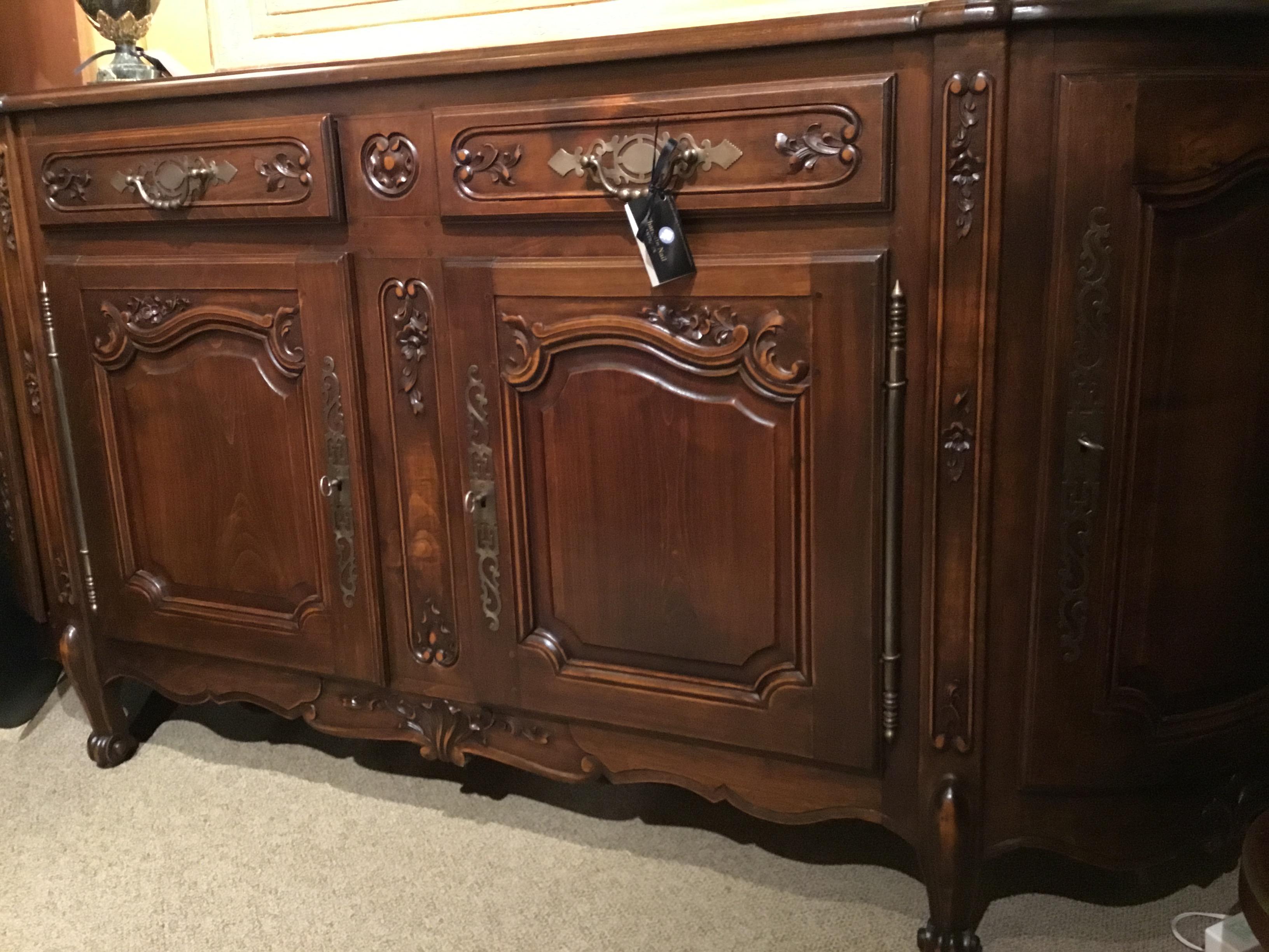 French country sideboard
Louis XV style
dark walnut finish with parquetry top.