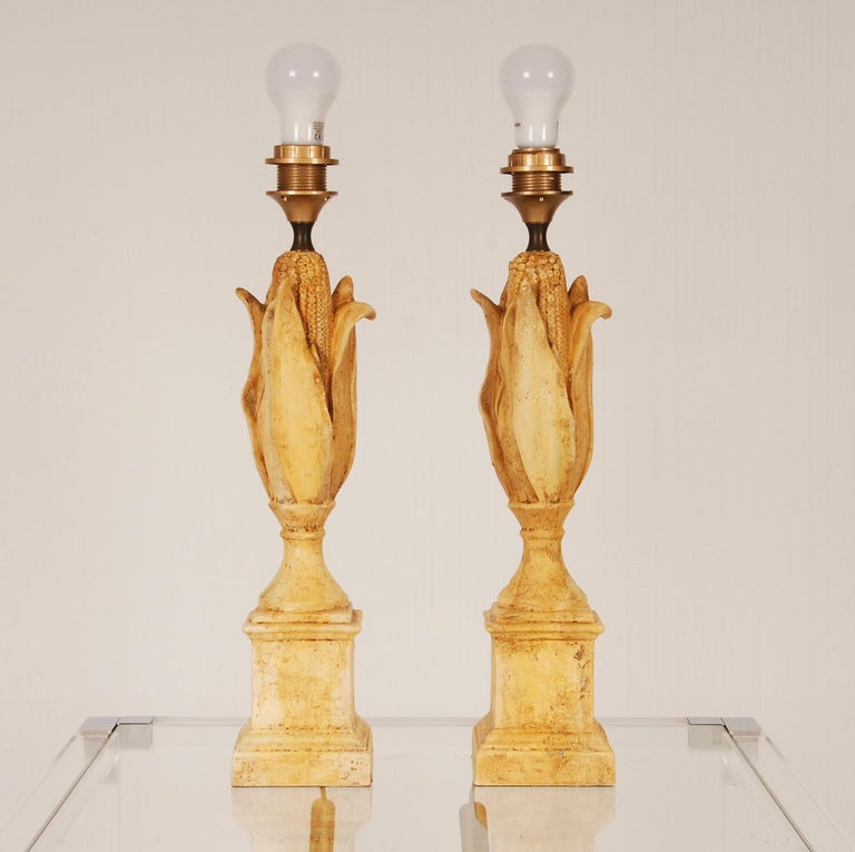 French Country Table Lamps Ceramic Sienna Yellow Figural Corn 1970s, a