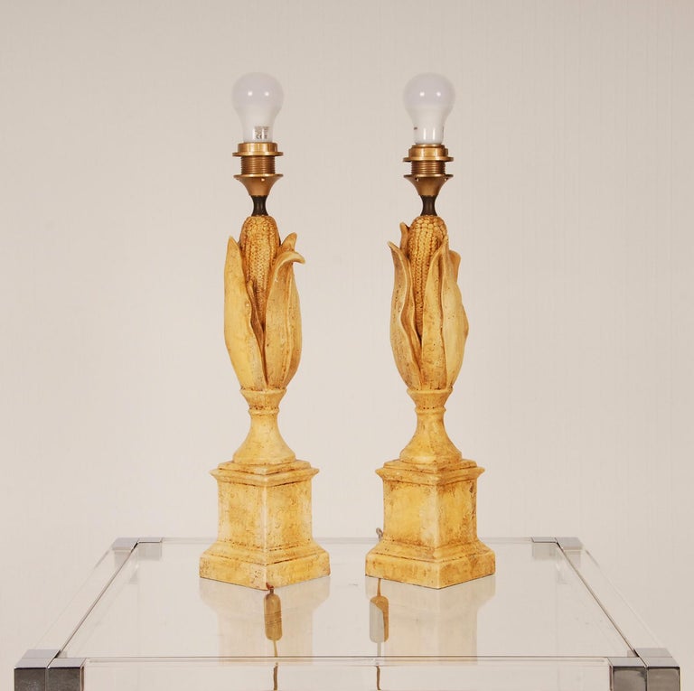 French Country Table Lamps Ceramic Sienna Yellow Figural Corn 1970s, a