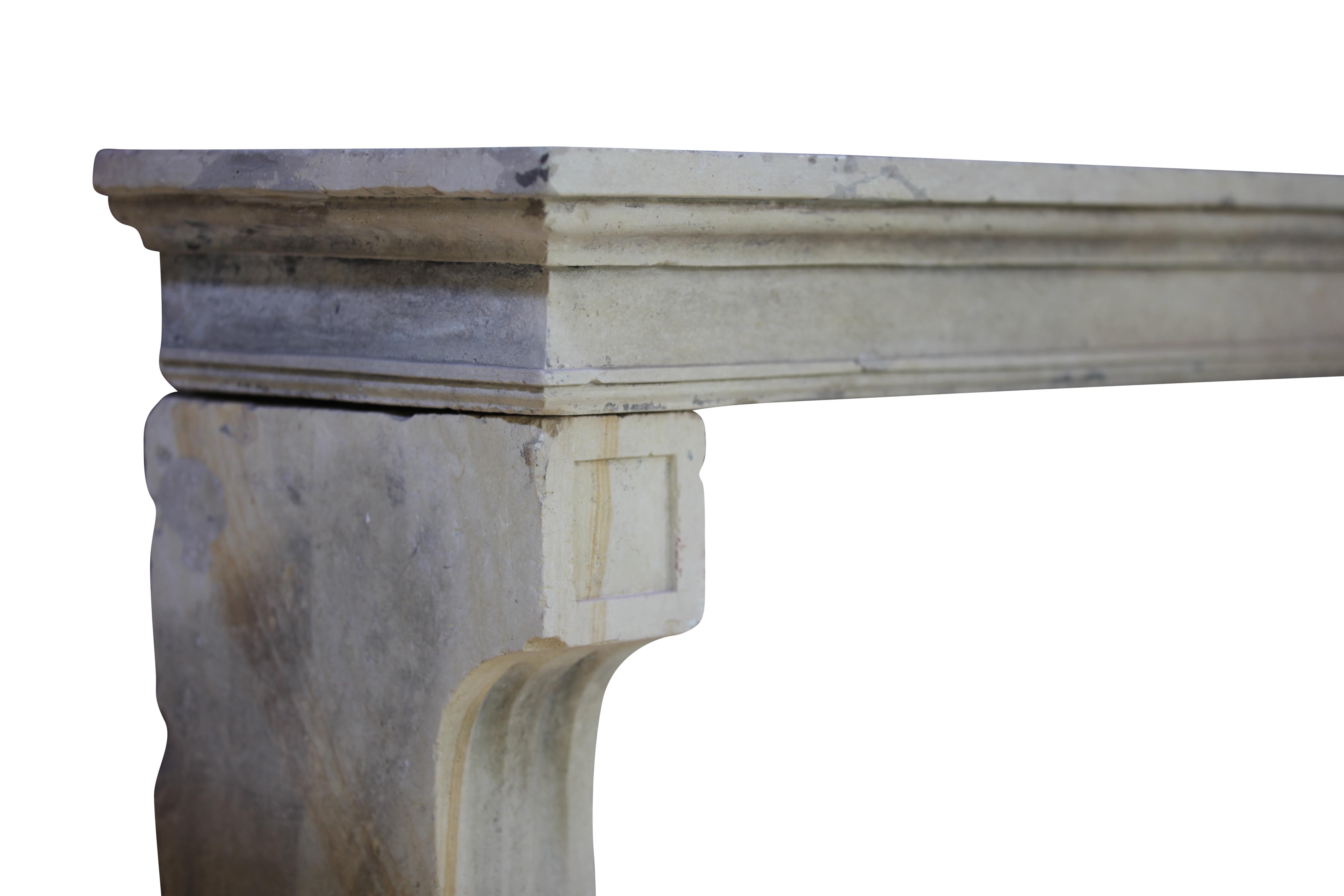 French antique limestone decorative fireplace mantel with point diamant detail on the jams. It dates 18th century and carries still nice and naive patina patina on the surface. 
Measures: 
143 cm exterior width 56,3 inch
109 cm exterior height