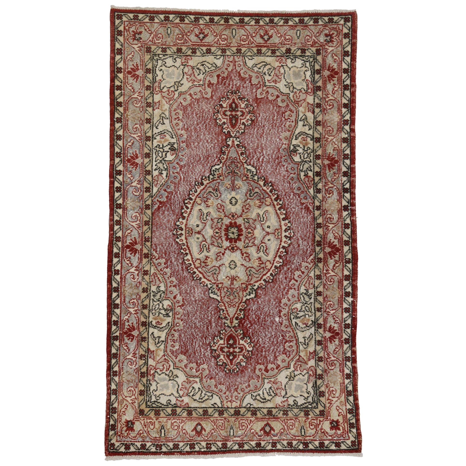 French Country Style Distressed Vintage Turkish Sivas Rug, Accent Rug For Sale