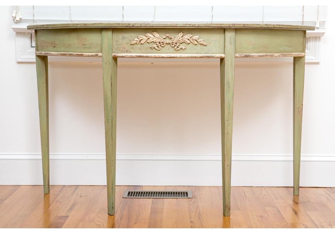 French Provincial French Country Style Green Painted Demi Lune Console Table For Sale