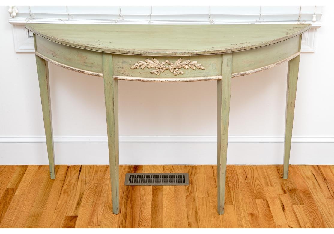 Hand-Painted French Country Style Green Painted Demi Lune Console Table For Sale