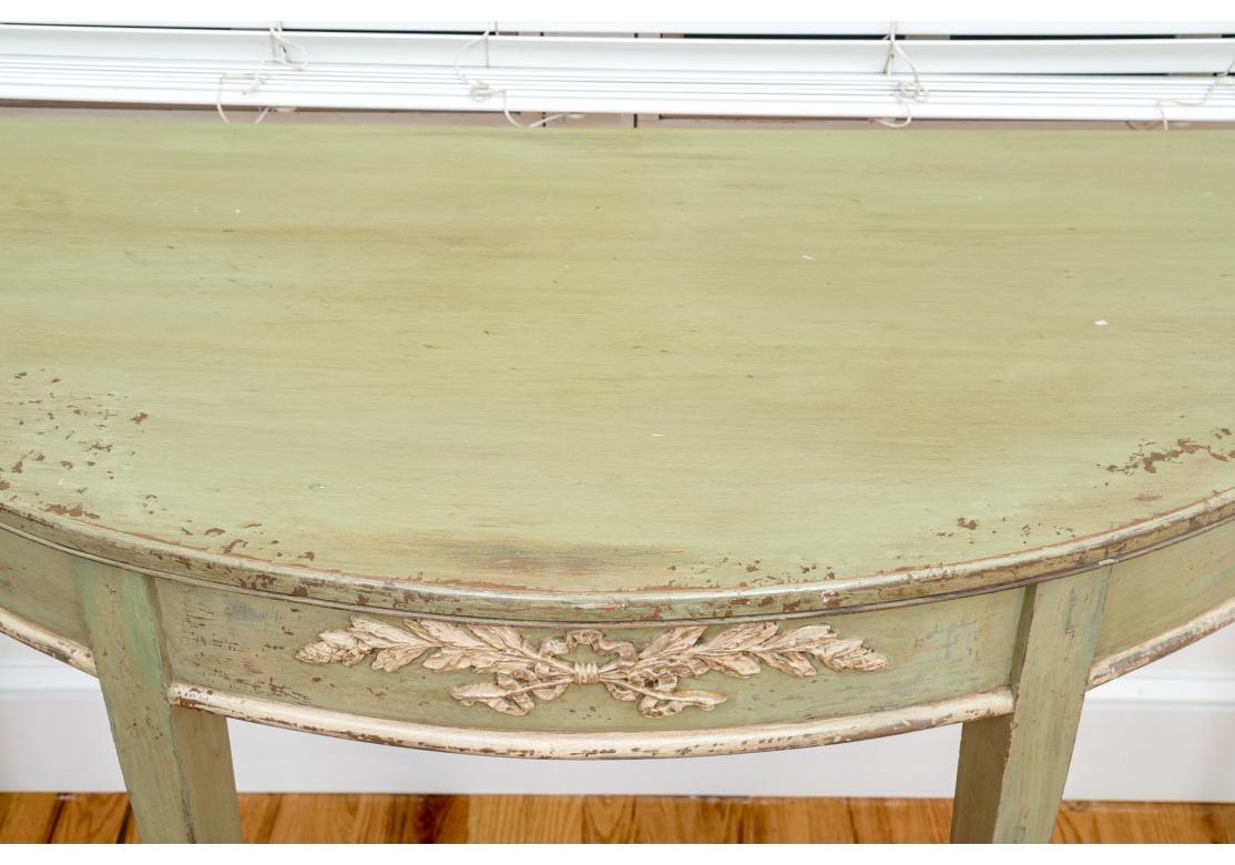 French Country Style Green Painted Demi Lune Console Table In Fair Condition For Sale In Bridgeport, CT