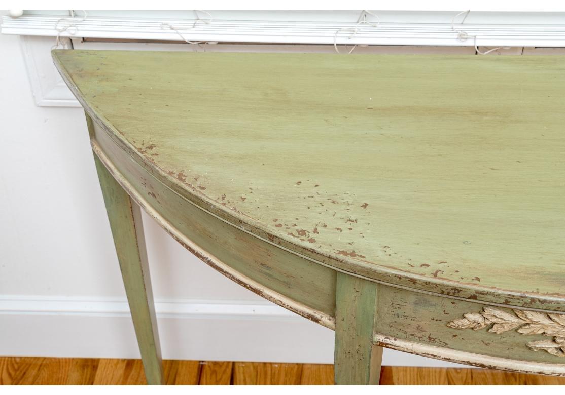 20th Century French Country Style Green Painted Demi Lune Console Table For Sale