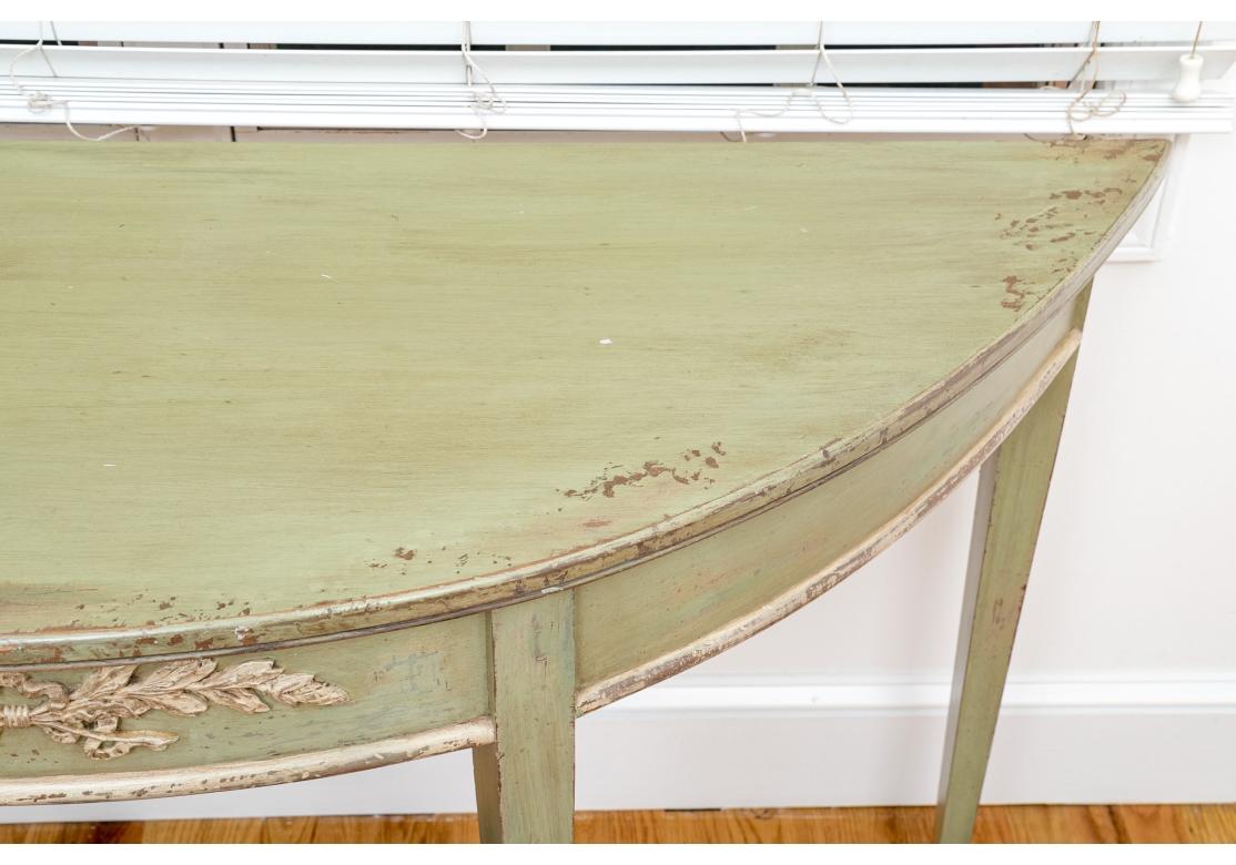 Wood French Country Style Green Painted Demi Lune Console Table For Sale
