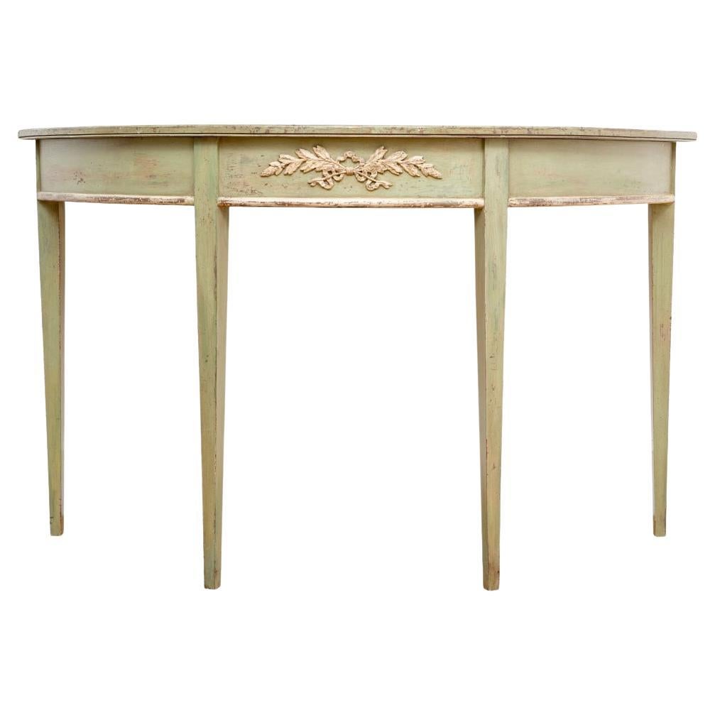 French Country Style Green Painted Demi Lune Console Table For Sale