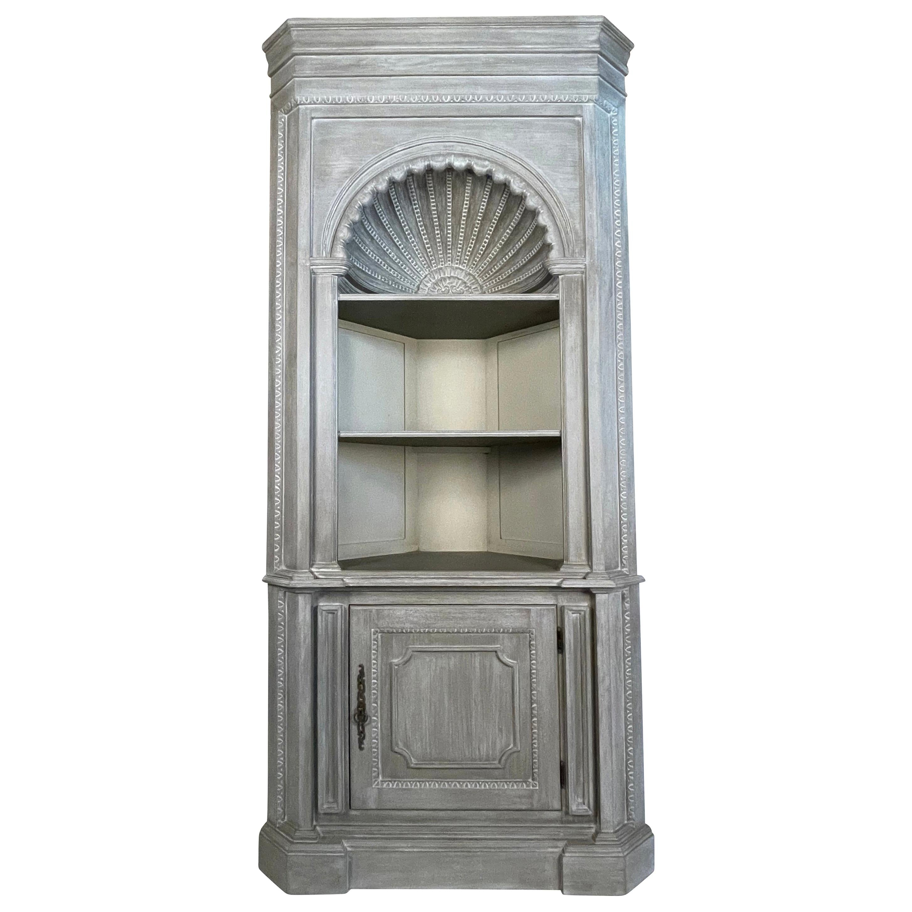 French Country Style Grey Painted Shell Carved Corner Cabinet