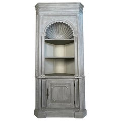 French Country Style Grey Painted Shell Carved Corner Cabinet