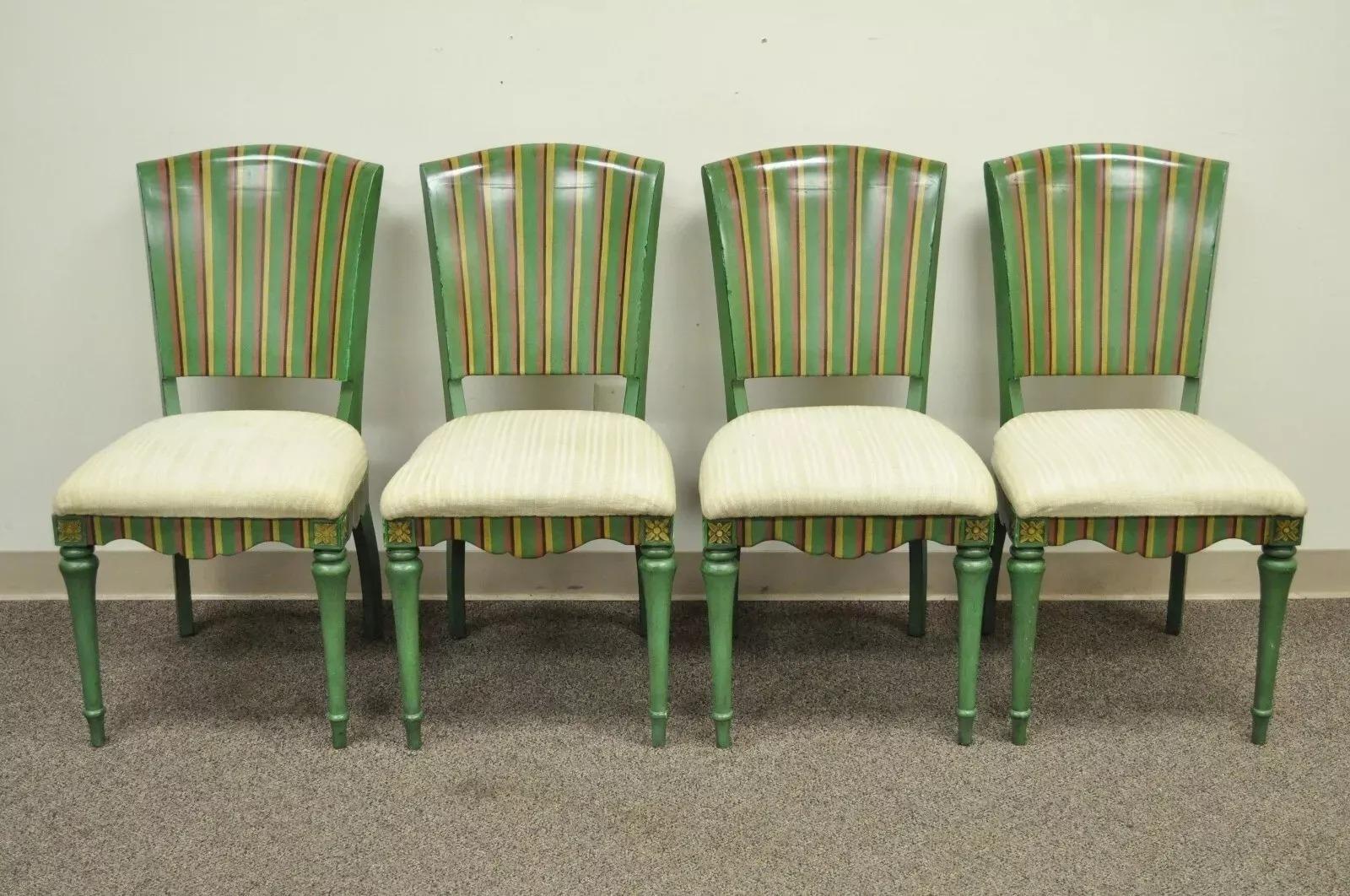 Chaises de salle à manger de style campagnard français Hollywood Regency peintes en vert - Ensemble 4 en vente 5