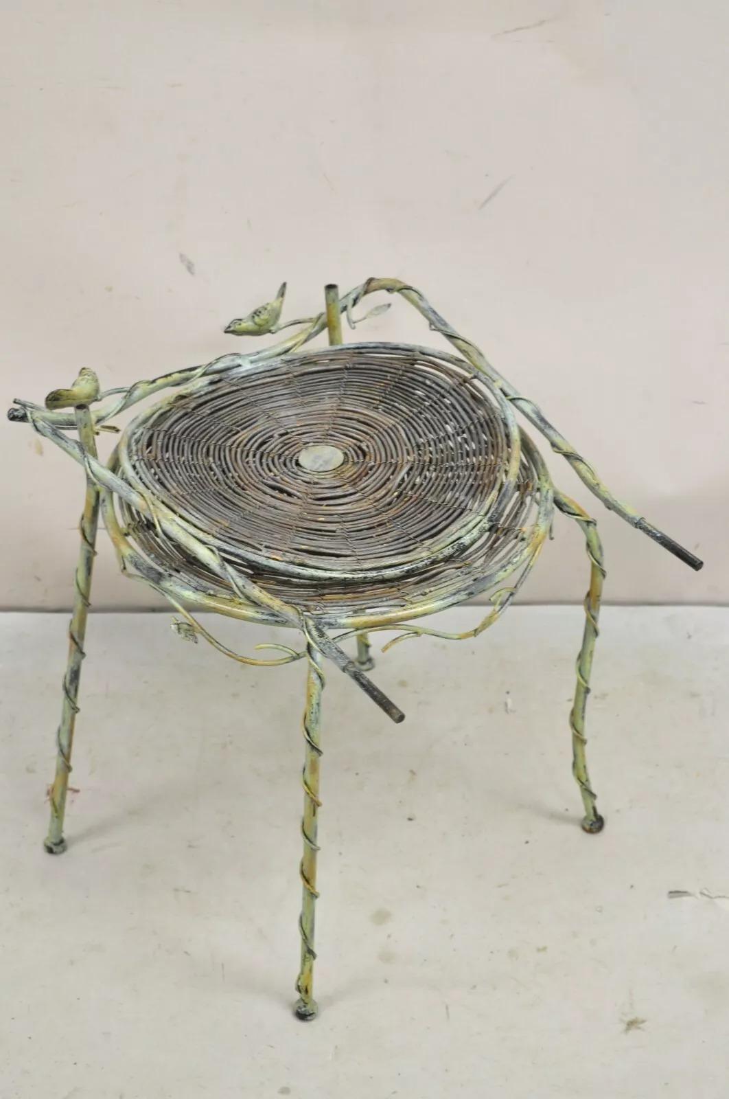 French Country Style Iron and Wood Reed Green Bistro Side Chair with Birds For Sale 4