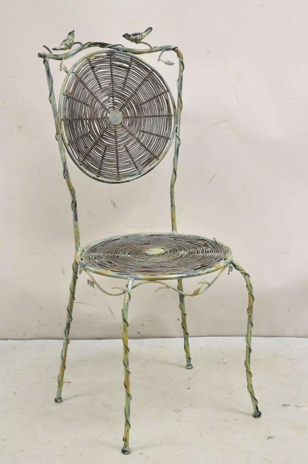 French Country Style Iron and Wood Reed Green Bistro Side Chair with Birds For Sale 6