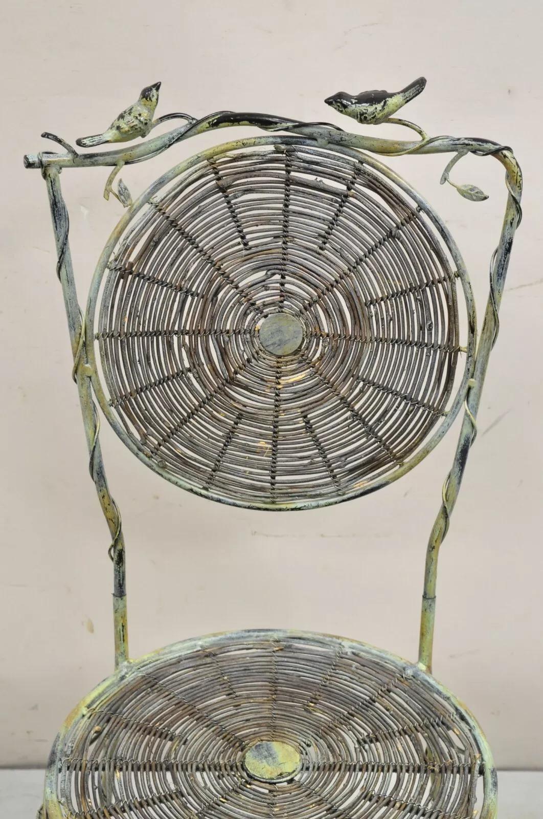 Hollywood Regency French Country Style Iron and Wood Reed Green Bistro Side Chair with Birds For Sale