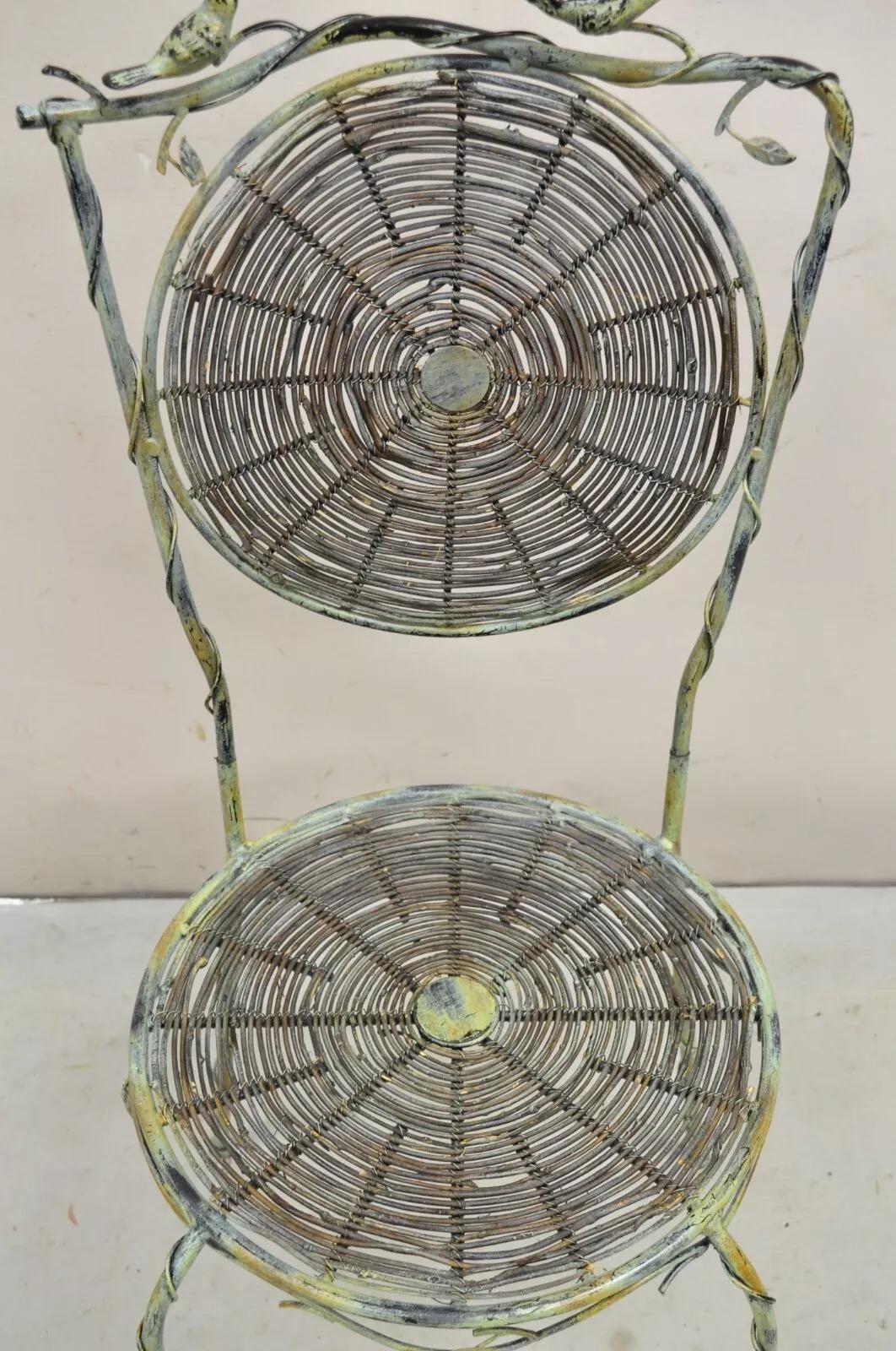 Contemporary French Country Style Iron and Wood Reed Green Bistro Side Chair with Birds For Sale