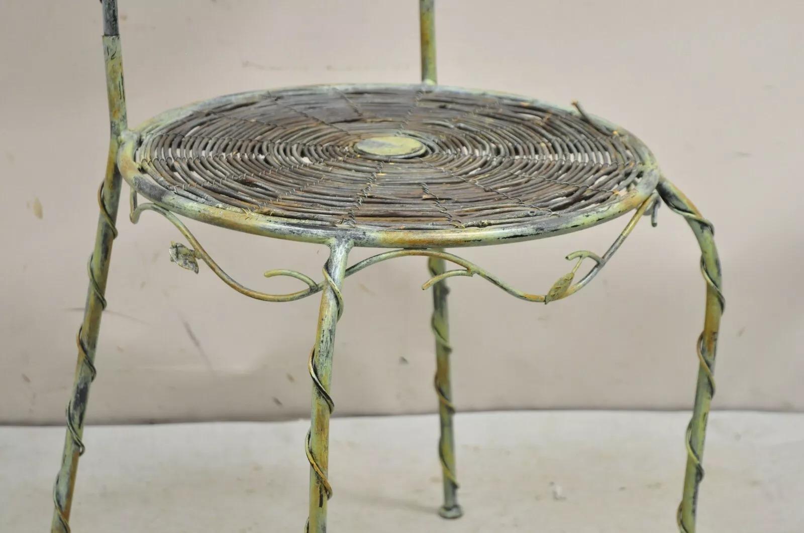 French Country Style Iron and Wood Reed Green Bistro Side Chair with Birds For Sale 2