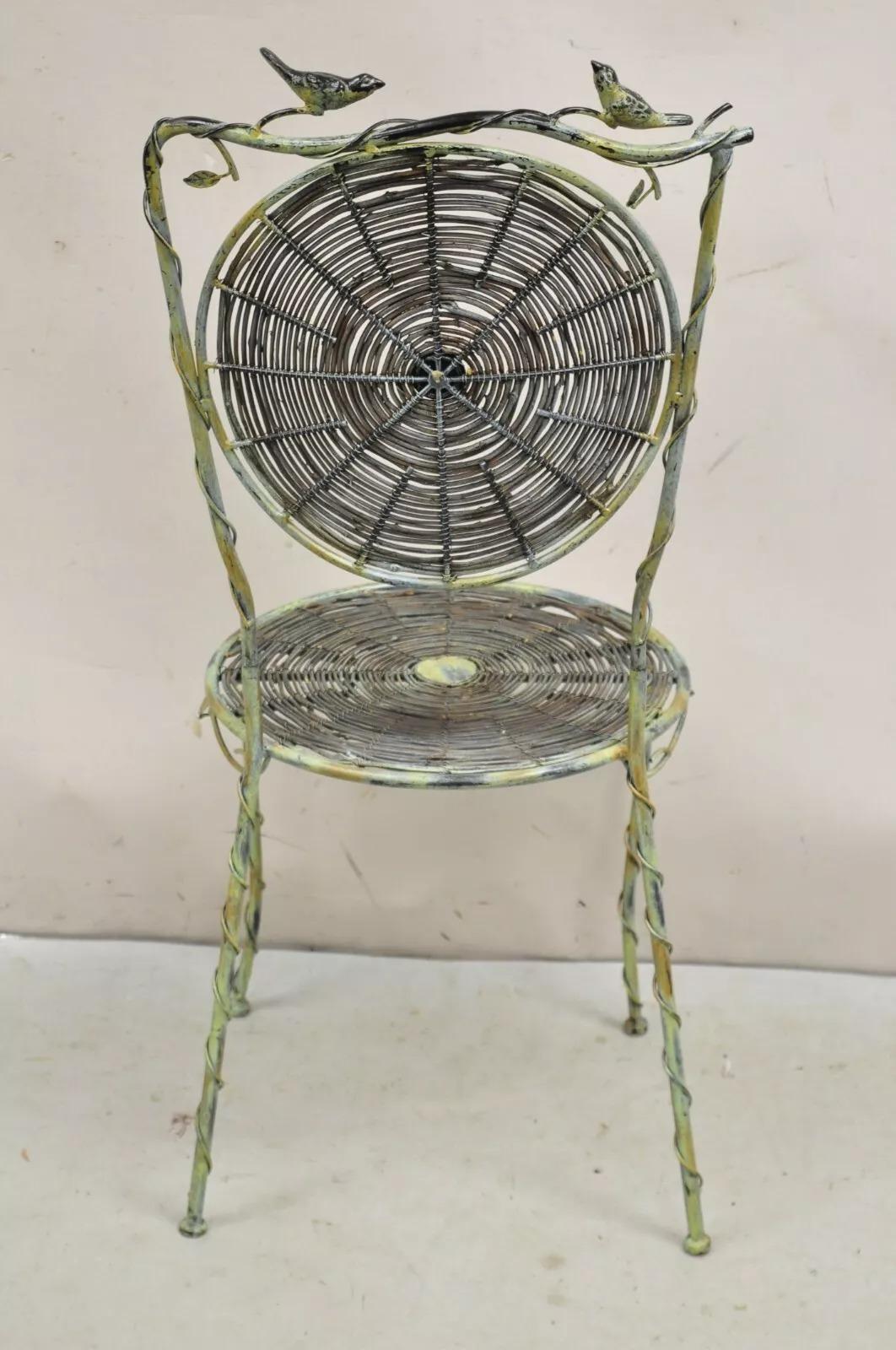 French Country Style Iron and Wood Reed Green Bistro Side Chair with Birds For Sale 3