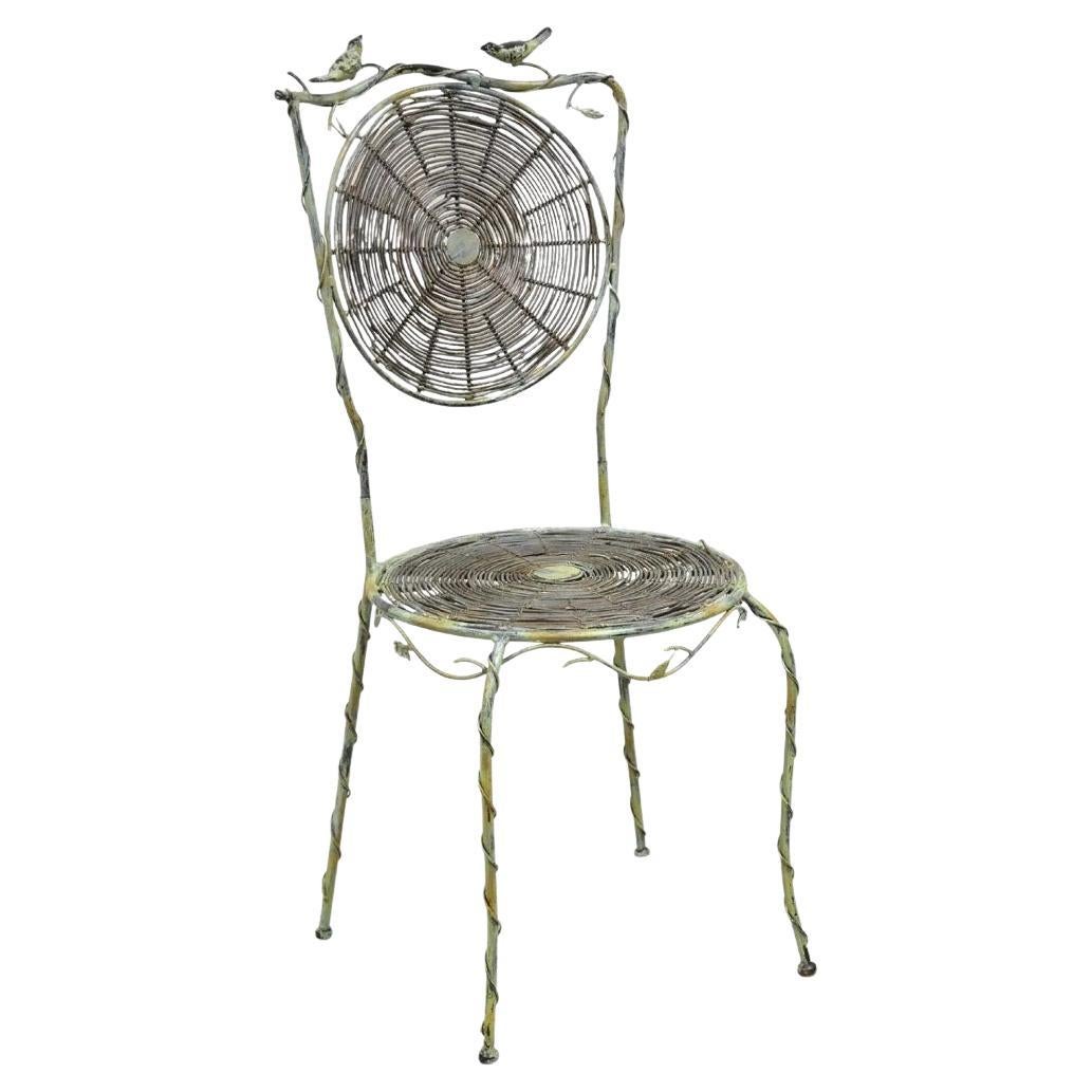 French Country Style Iron and Wood Reed Green Bistro Side Chair with Birds For Sale