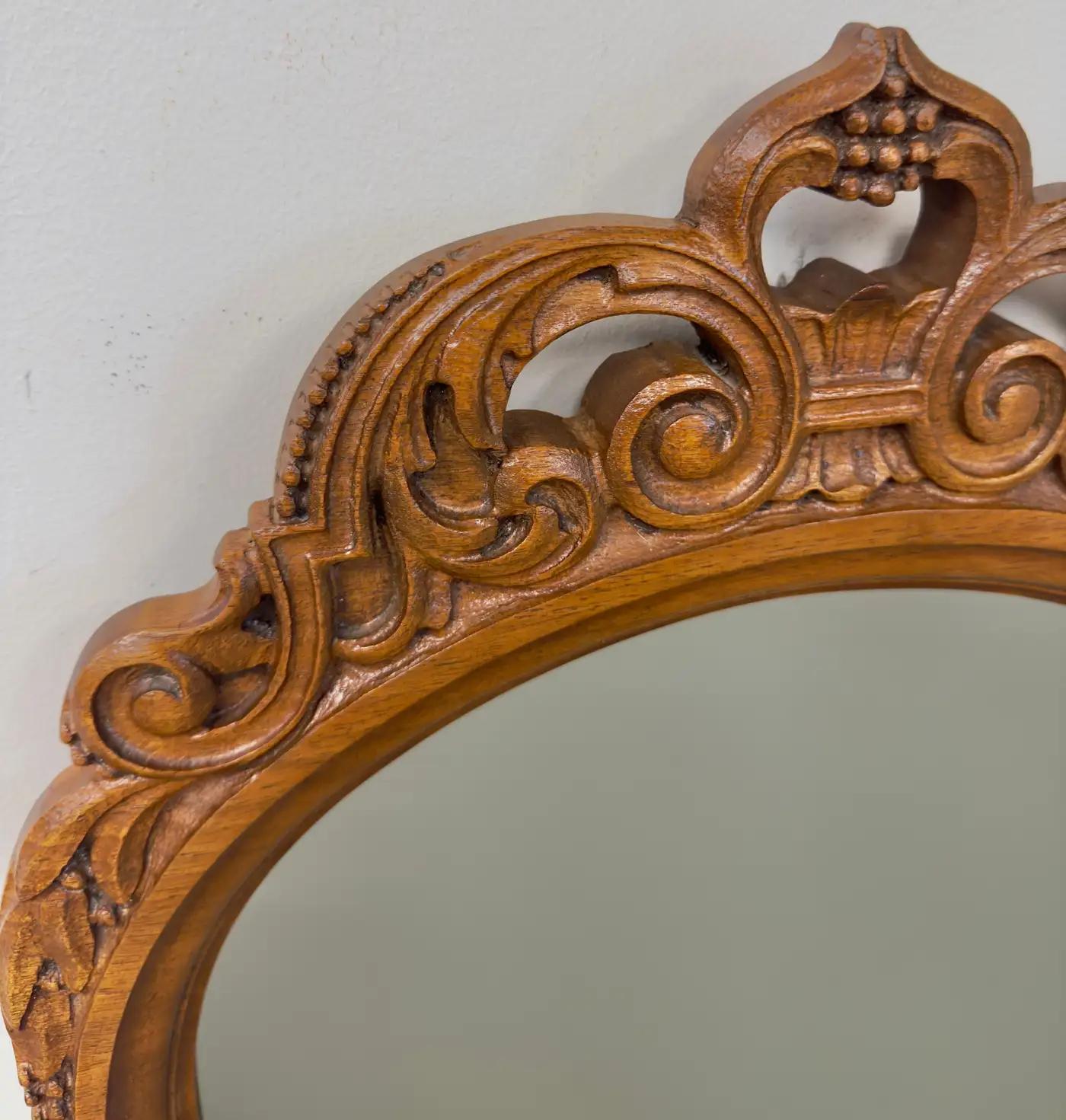 French Country Style Walnut Craved Small Console & Mirror with Antiqued Glass 10