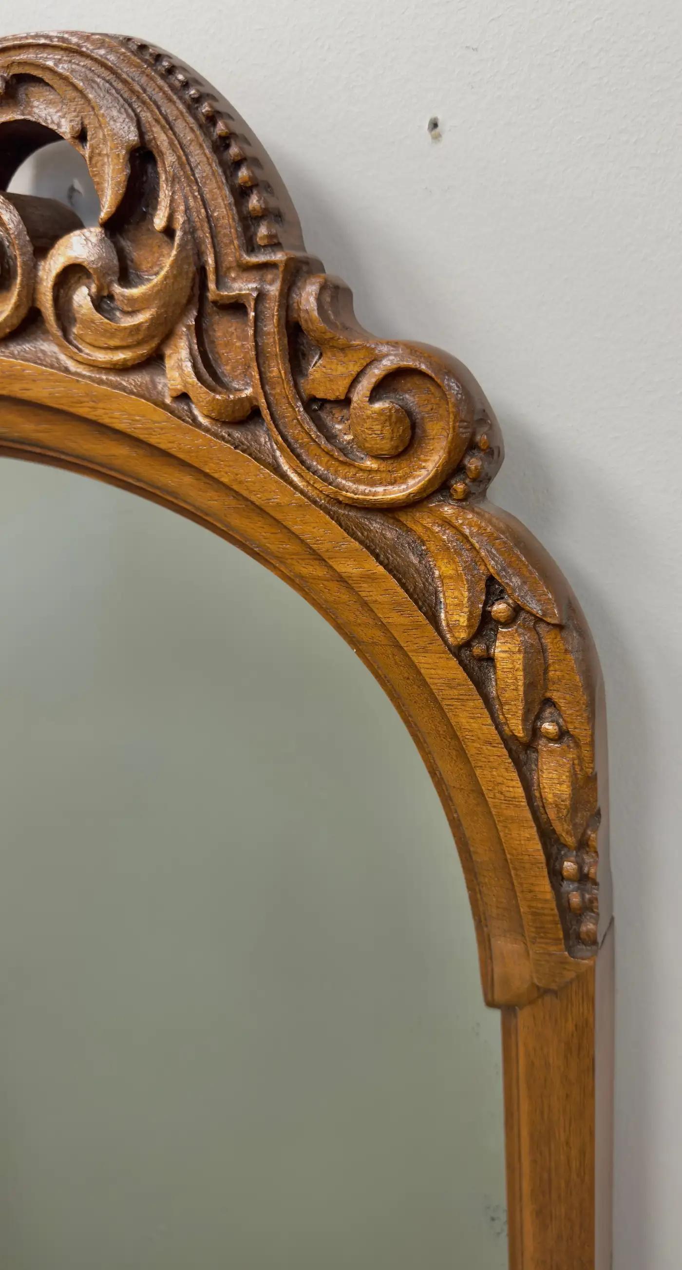 French Country Style Walnut Craved Small Console & Mirror with Antiqued Glass 12