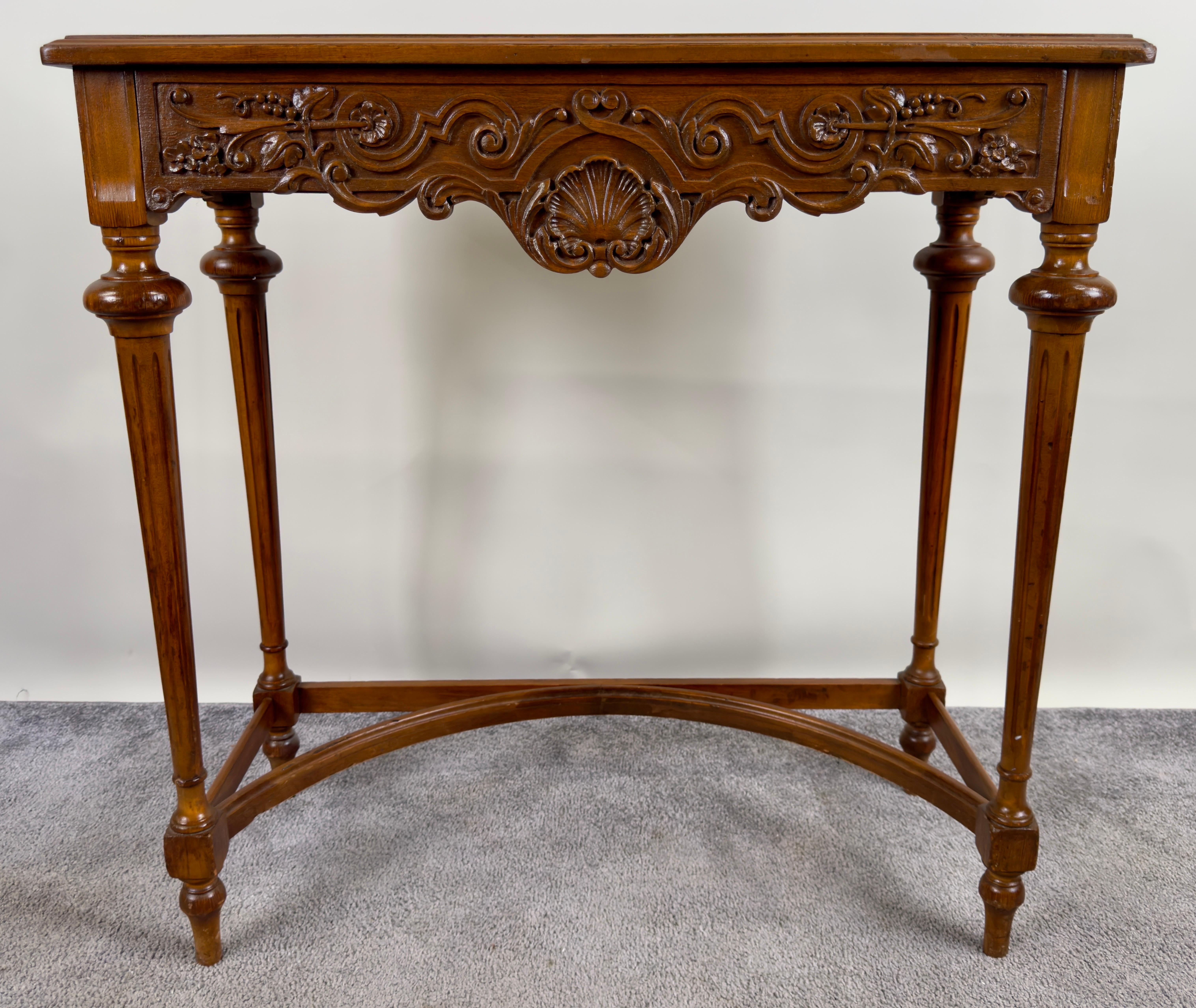 French Provincial French Country Style Walnut Craved Small Console & Mirror with Antiqued Glass