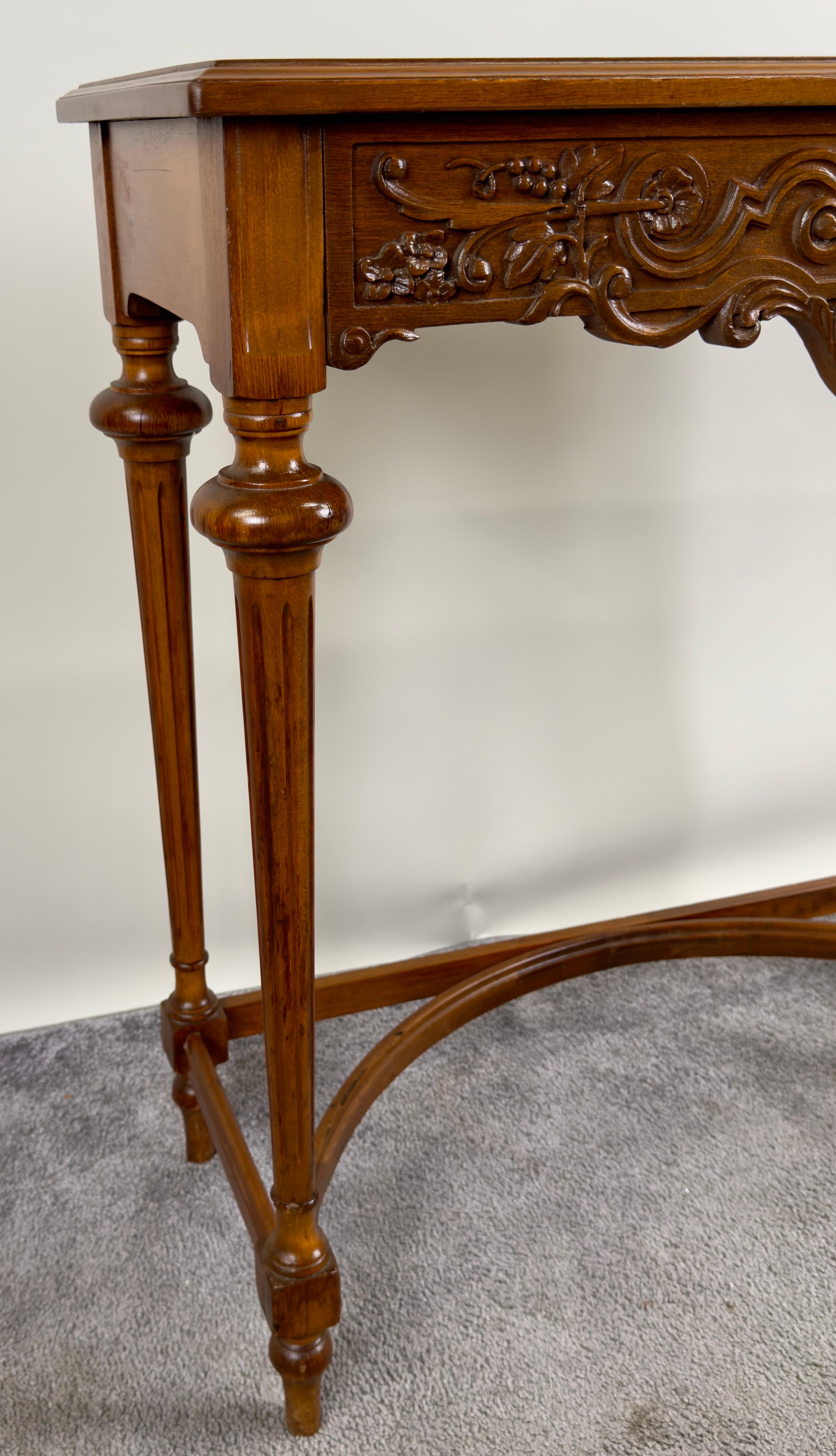 French Country Style Walnut Craved Small Console & Mirror with Antiqued Glass 1