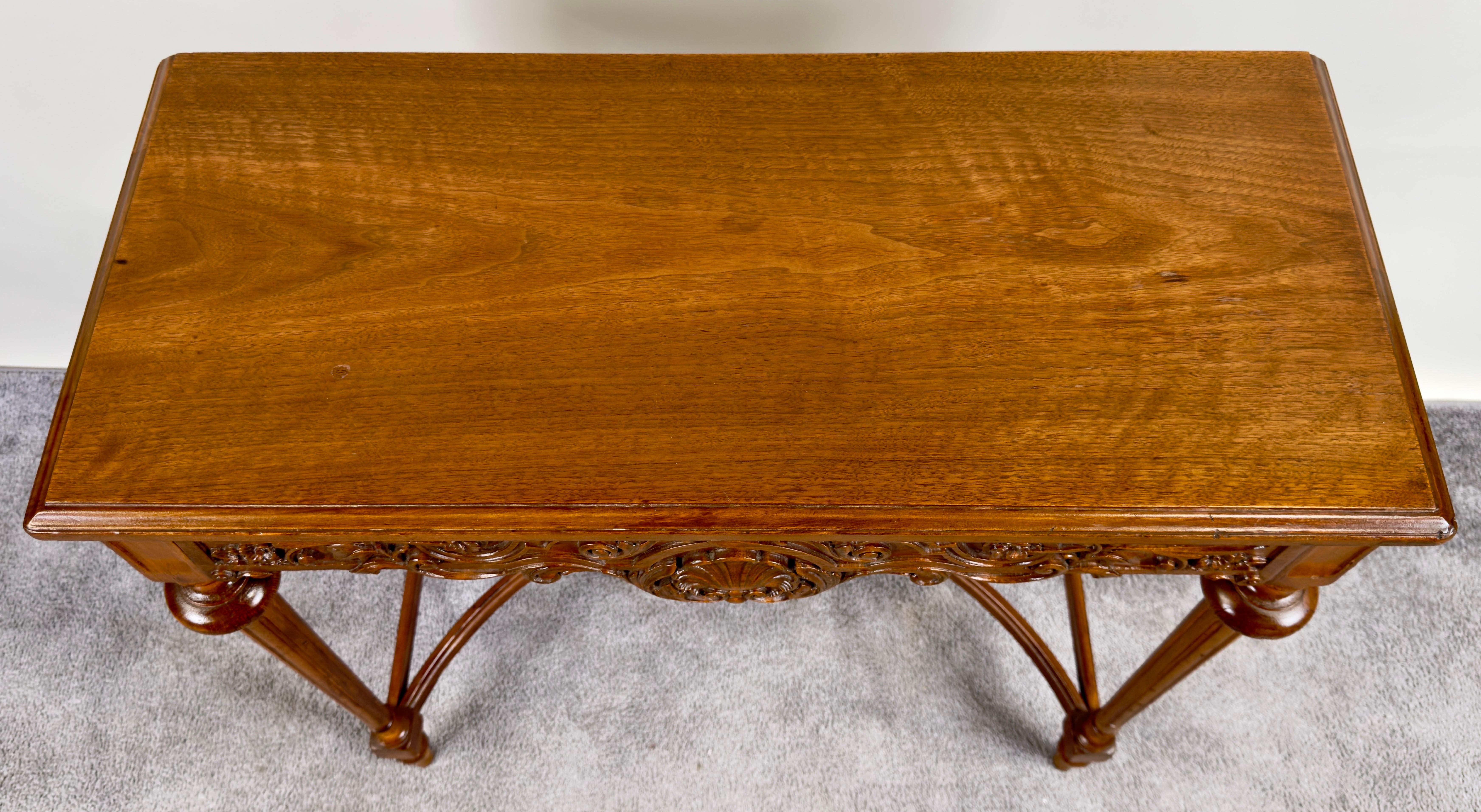 French Country Style Walnut Craved Small Console & Mirror with Antiqued Glass 2