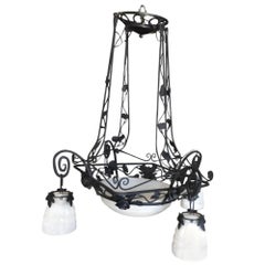 French Country Style Wrought Iron 4 Light Chandelier w/ Alabaster Shades