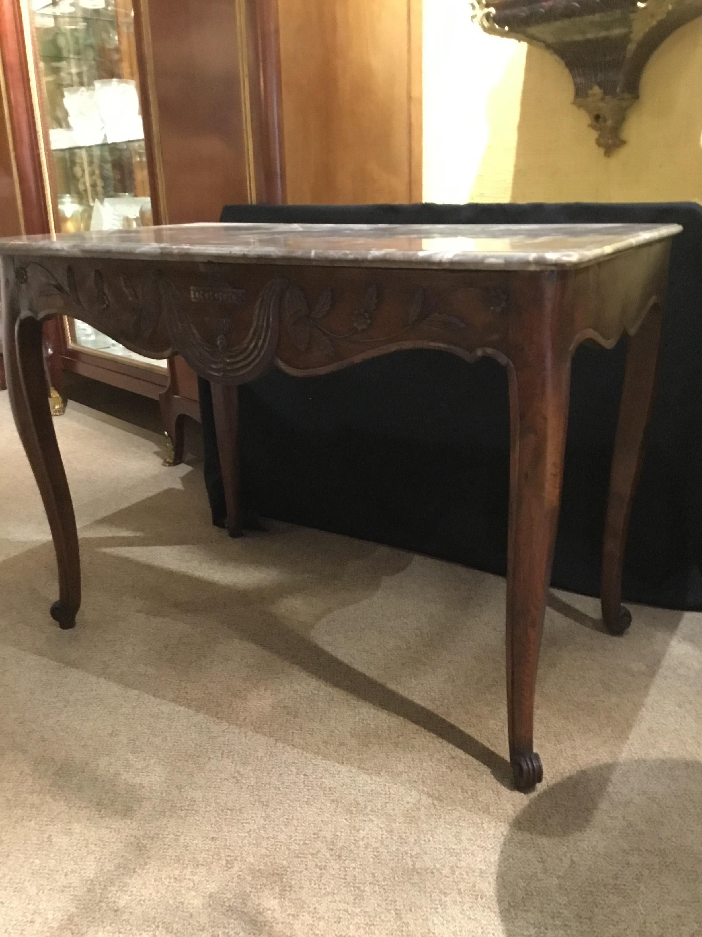 French Country Table/Console 19th Century with Marble Top and Louis XV Style Oak For Sale 2