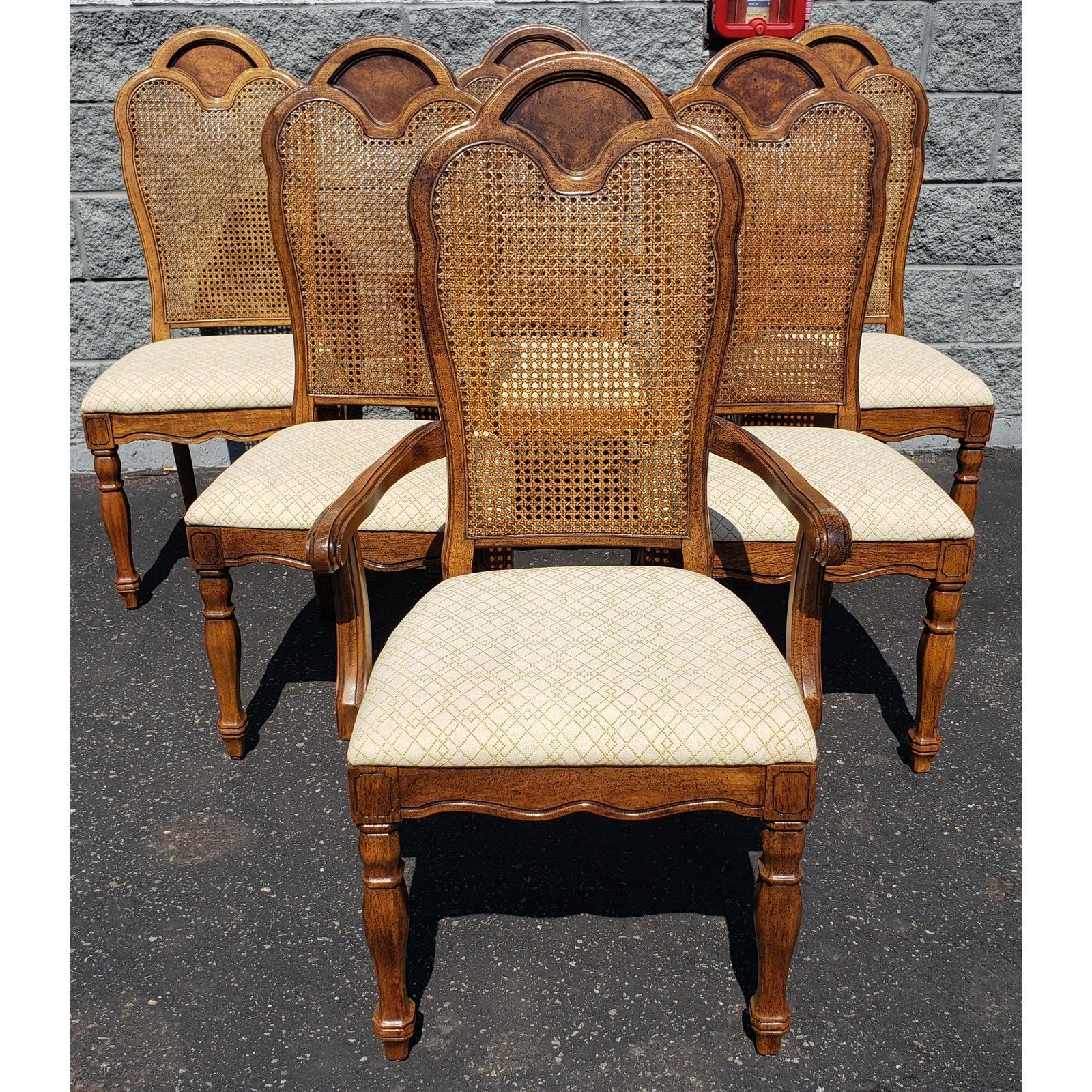 French Country Thomasville Walnut Cane Back Dining Room Chairs, Set of 6 2