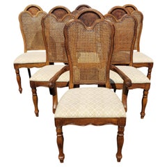 Vintage French Country Thomasville Walnut Cane Back Dining Room Chairs, Set of 6