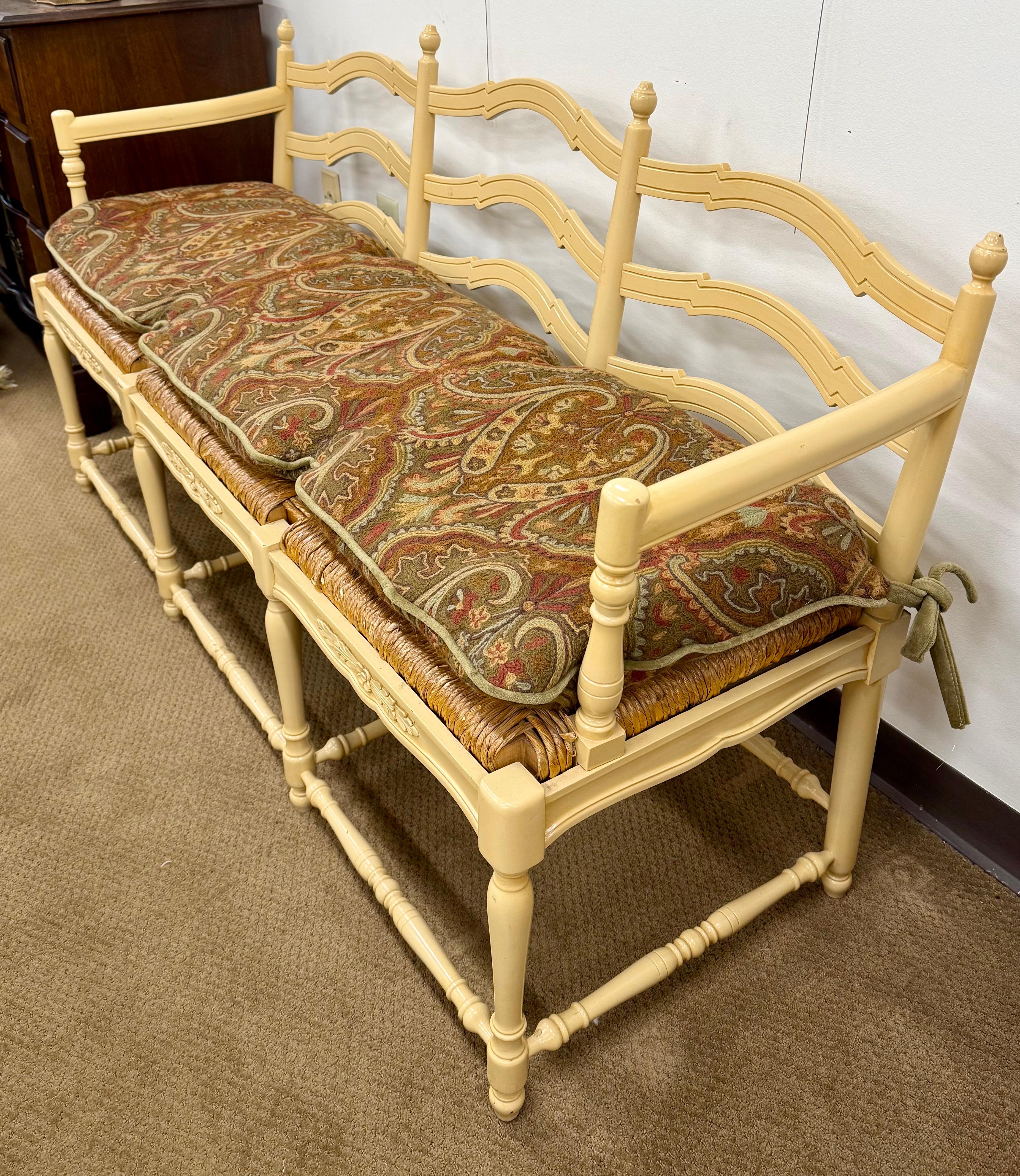 French Country Three Seater Settee Bench with Rush Seating & Crewelwork Cushion In Good Condition For Sale In West Hartford, CT