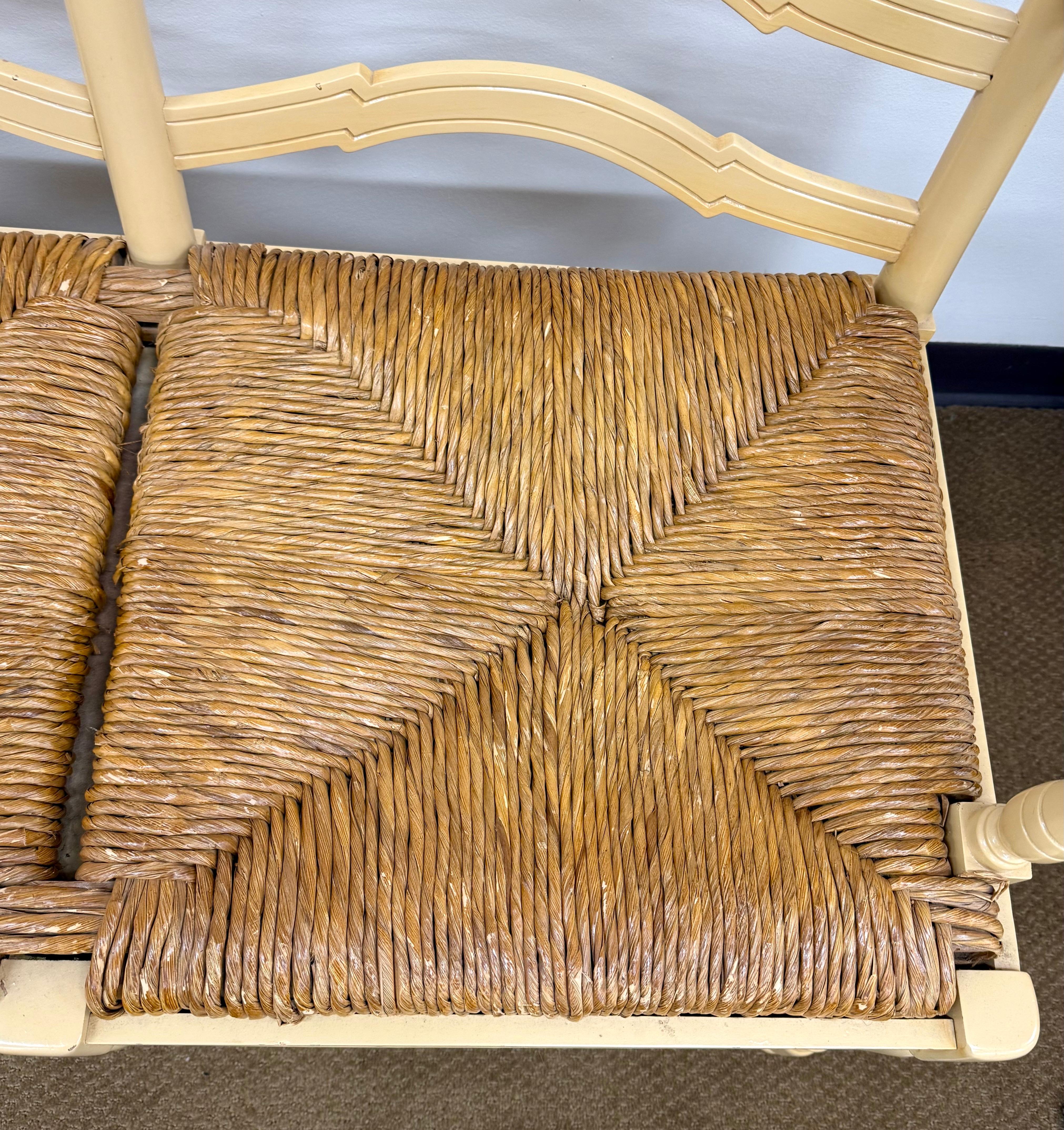 20th Century French Country Three Seater Settee Bench with Rush Seating & Crewelwork Cushion For Sale