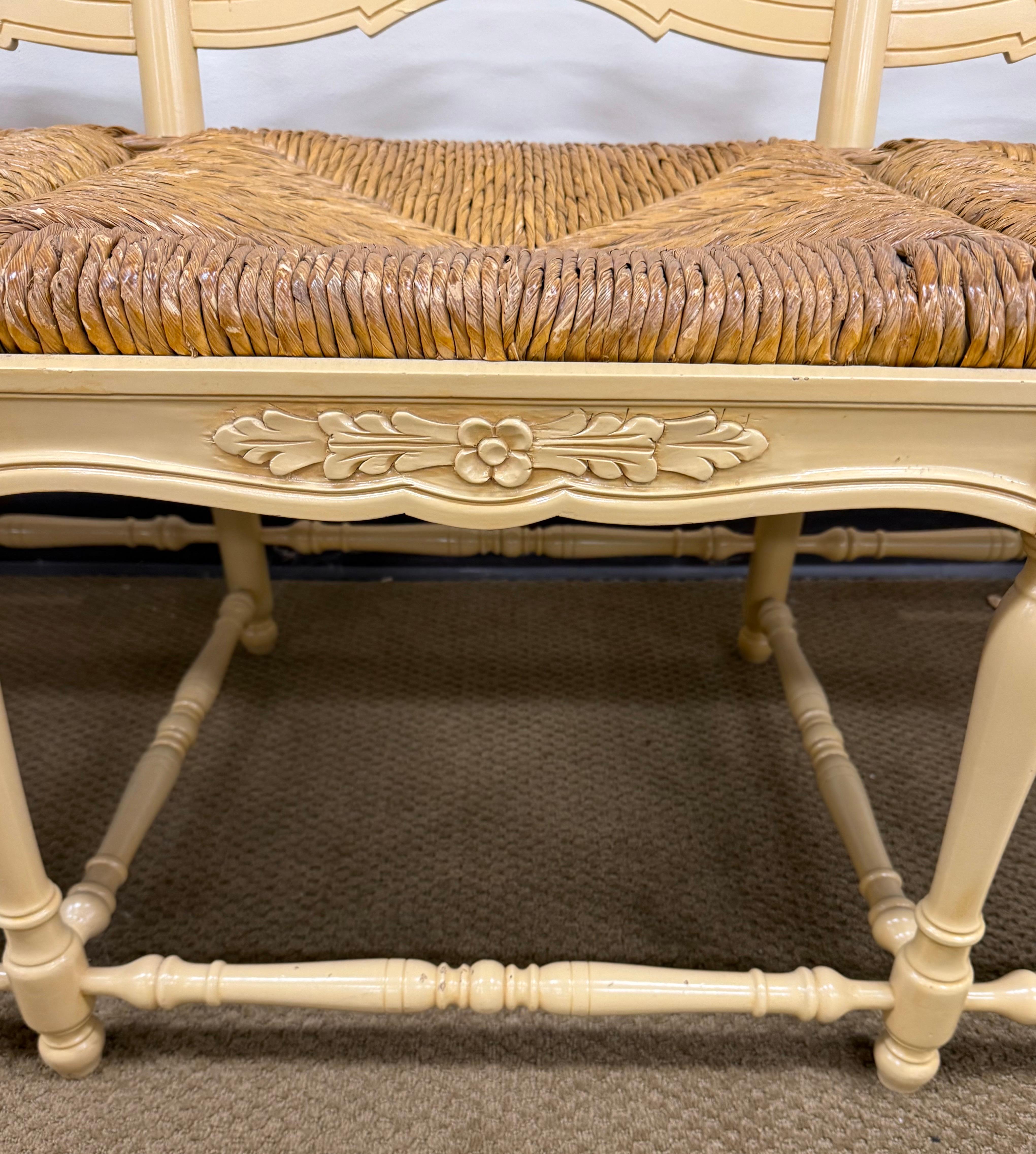 French Country Three Seater Settee Bench with Rush Seating & Crewelwork Cushion For Sale 1