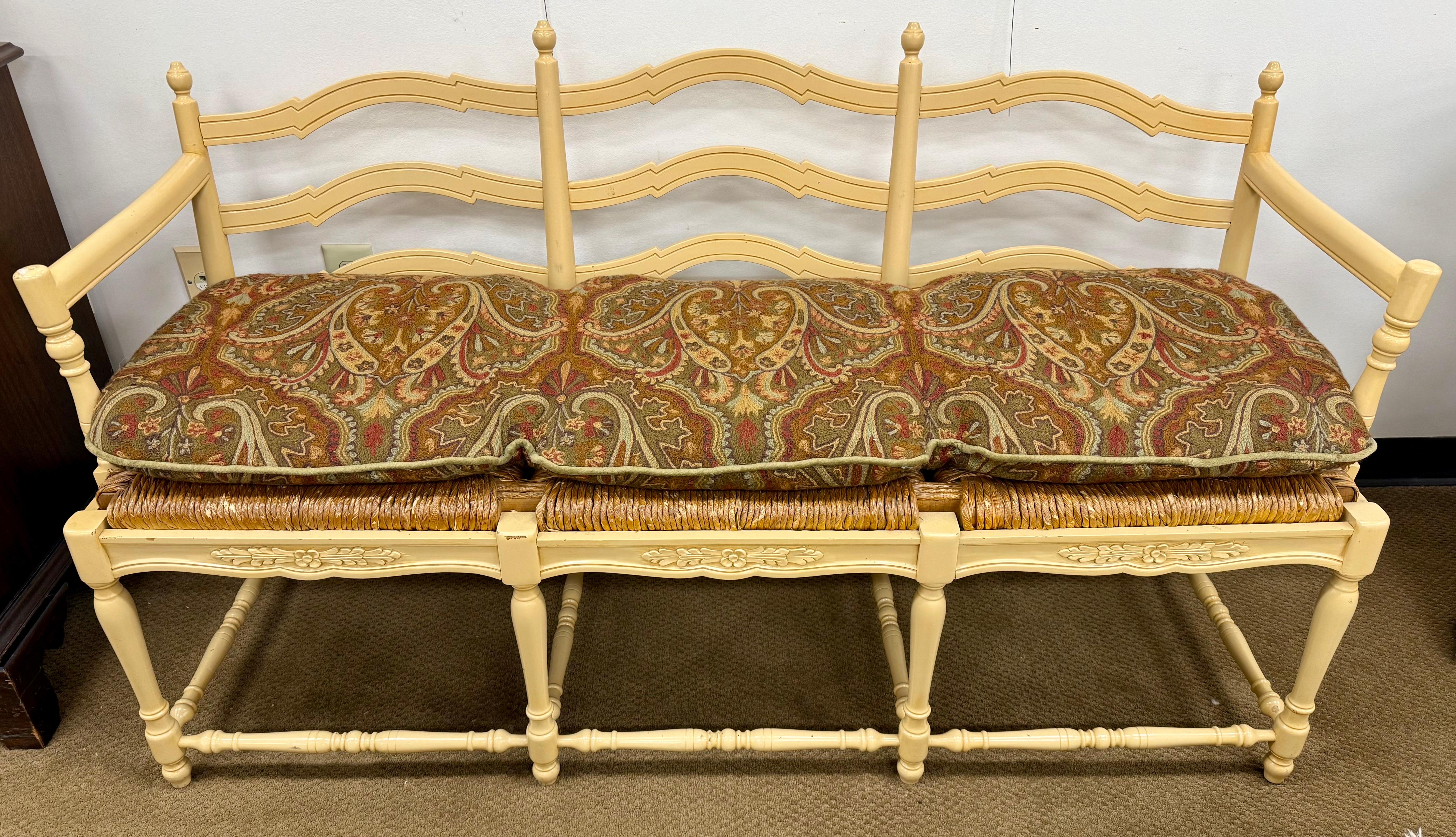 French Country Three Seater Settee Bench with Rush Seating & Crewelwork Cushion For Sale 2