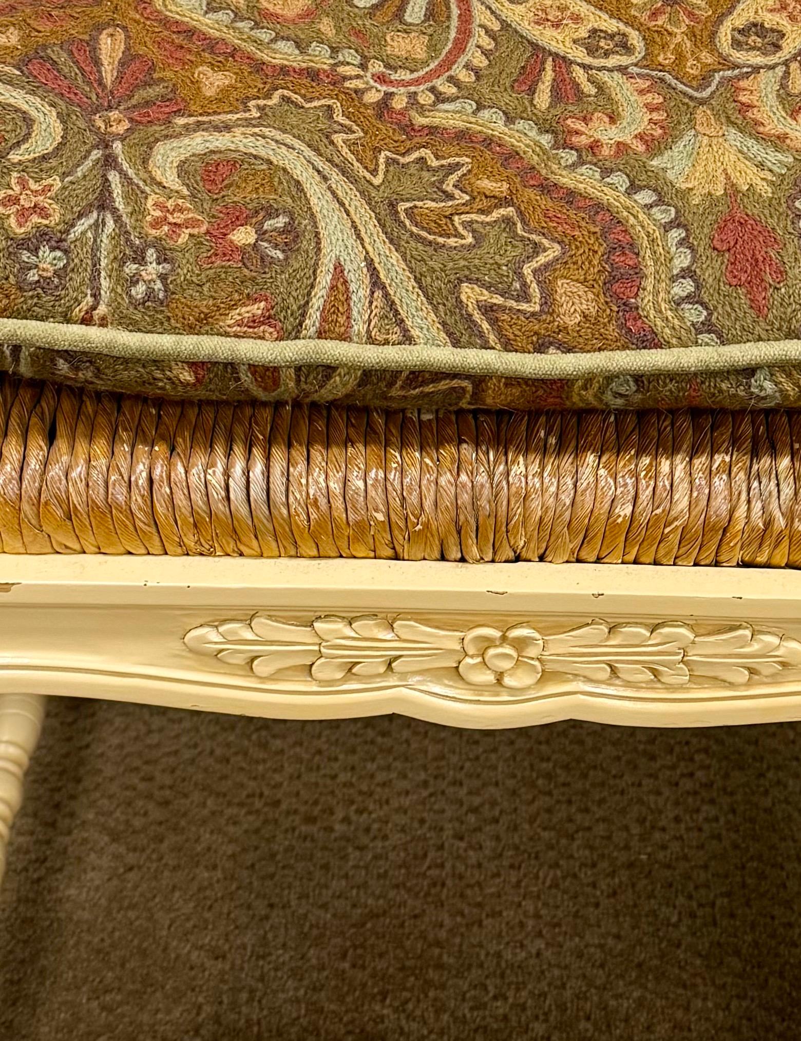French Country Three Seater Settee Bench with Rush Seating & Crewelwork Cushion For Sale 3