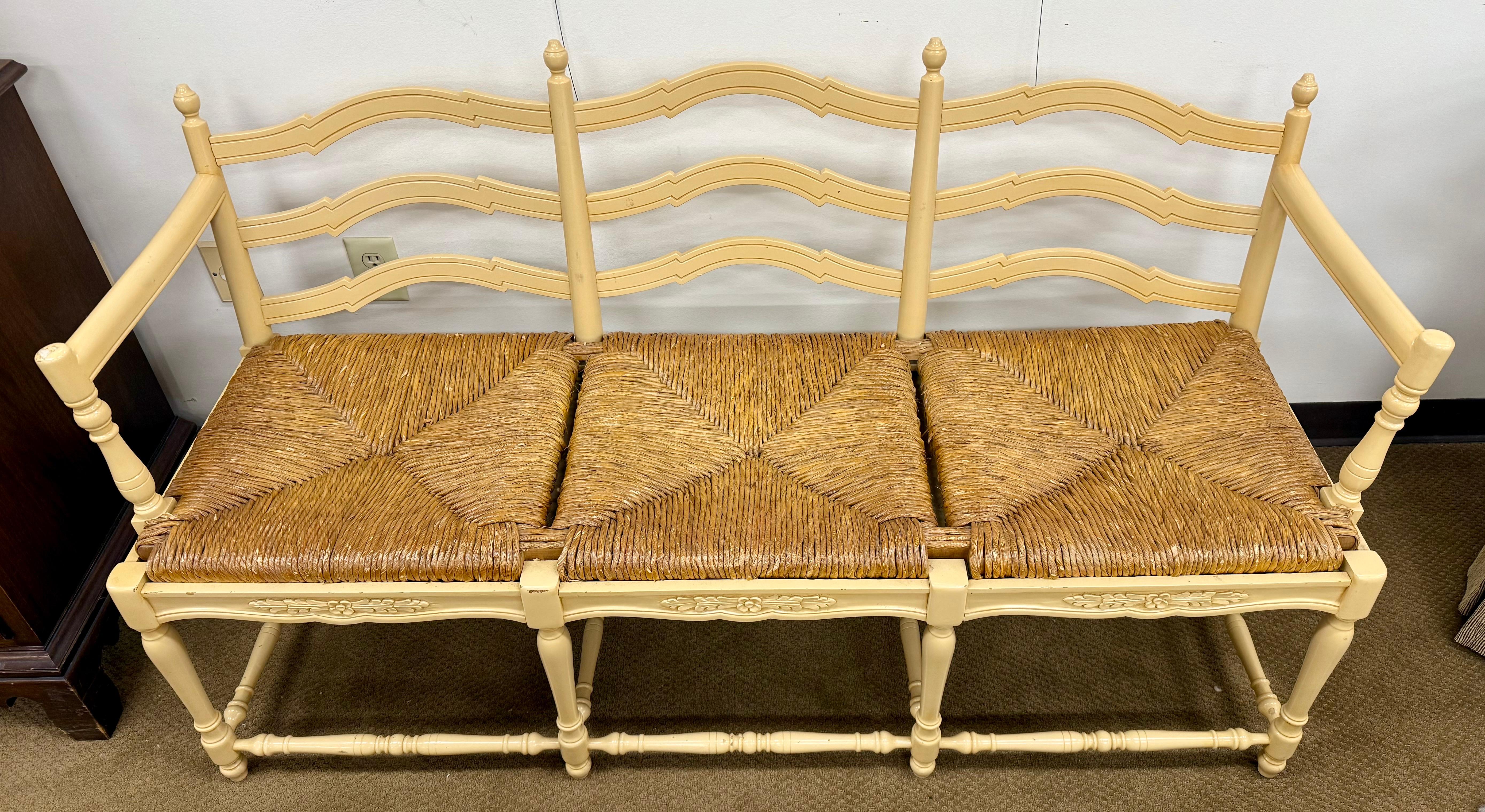French Country Three Seater Settee Bench with Rush Seating & Crewelwork Cushion For Sale 4