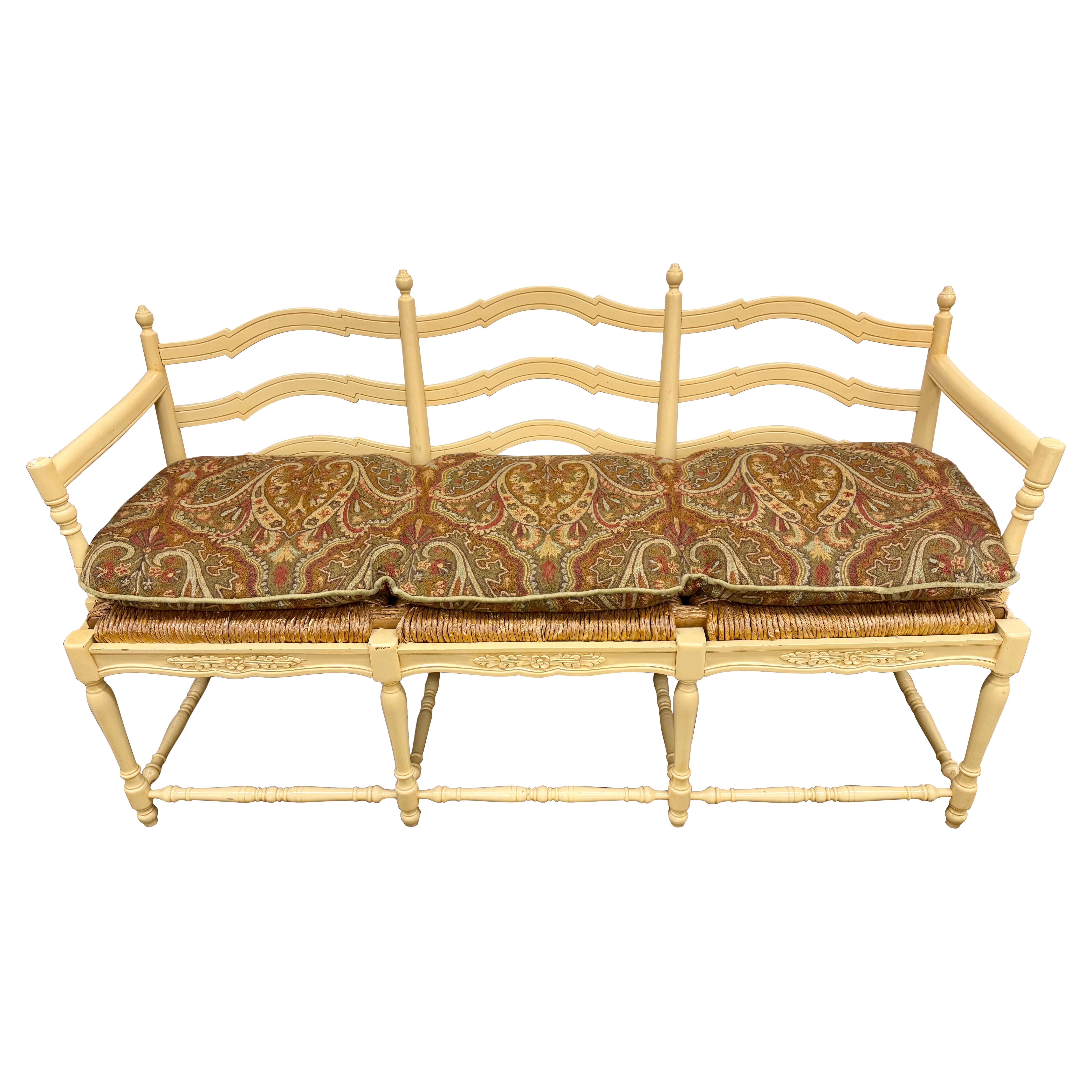 French Country Three Seater Settee Bench with Rush Seating & Crewelwork Cushion