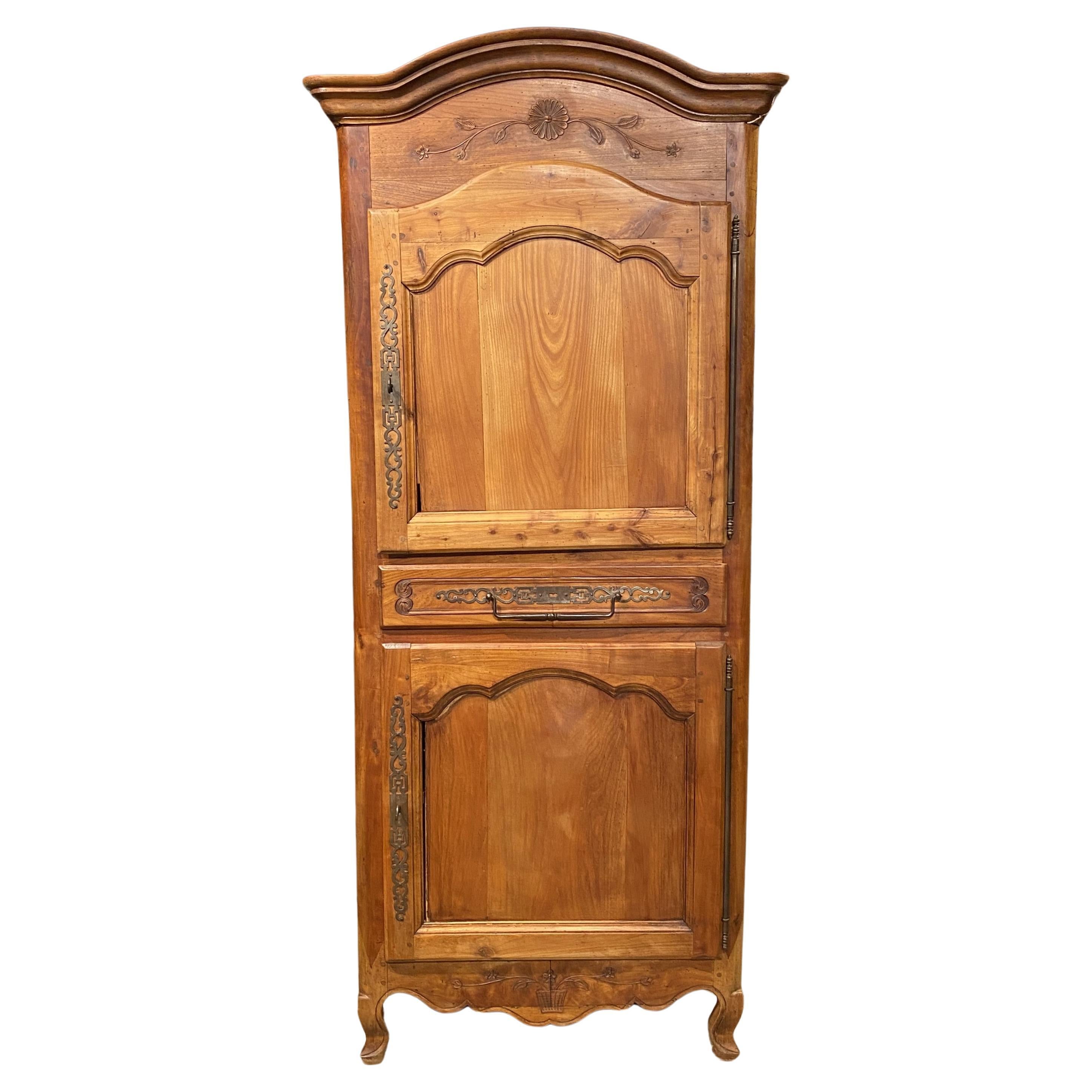 French Country Two Door Fruitwood Cupboard with Carved Floral Detail For Sale